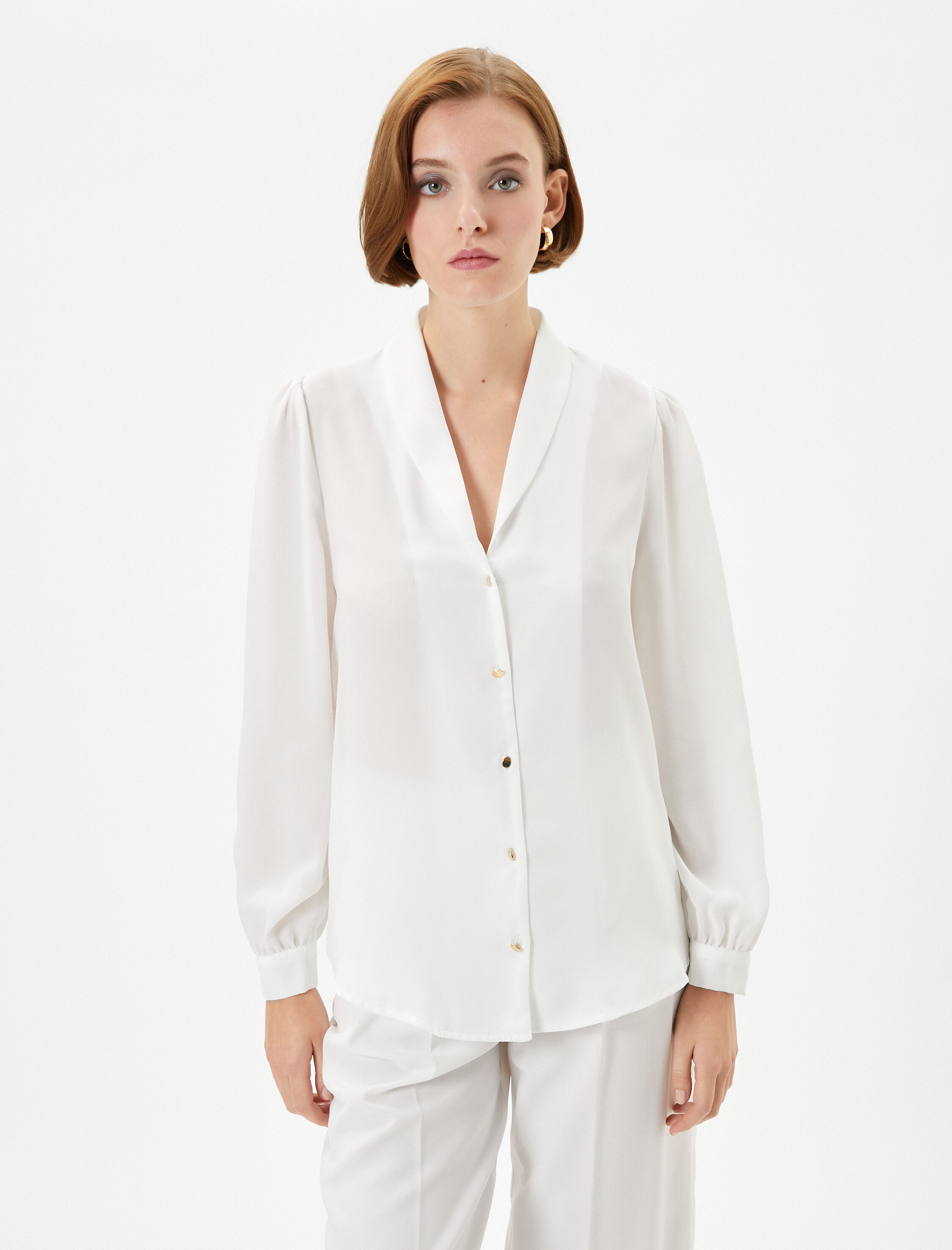   Balon Kollu Gömlek V Yaka Düğmeli