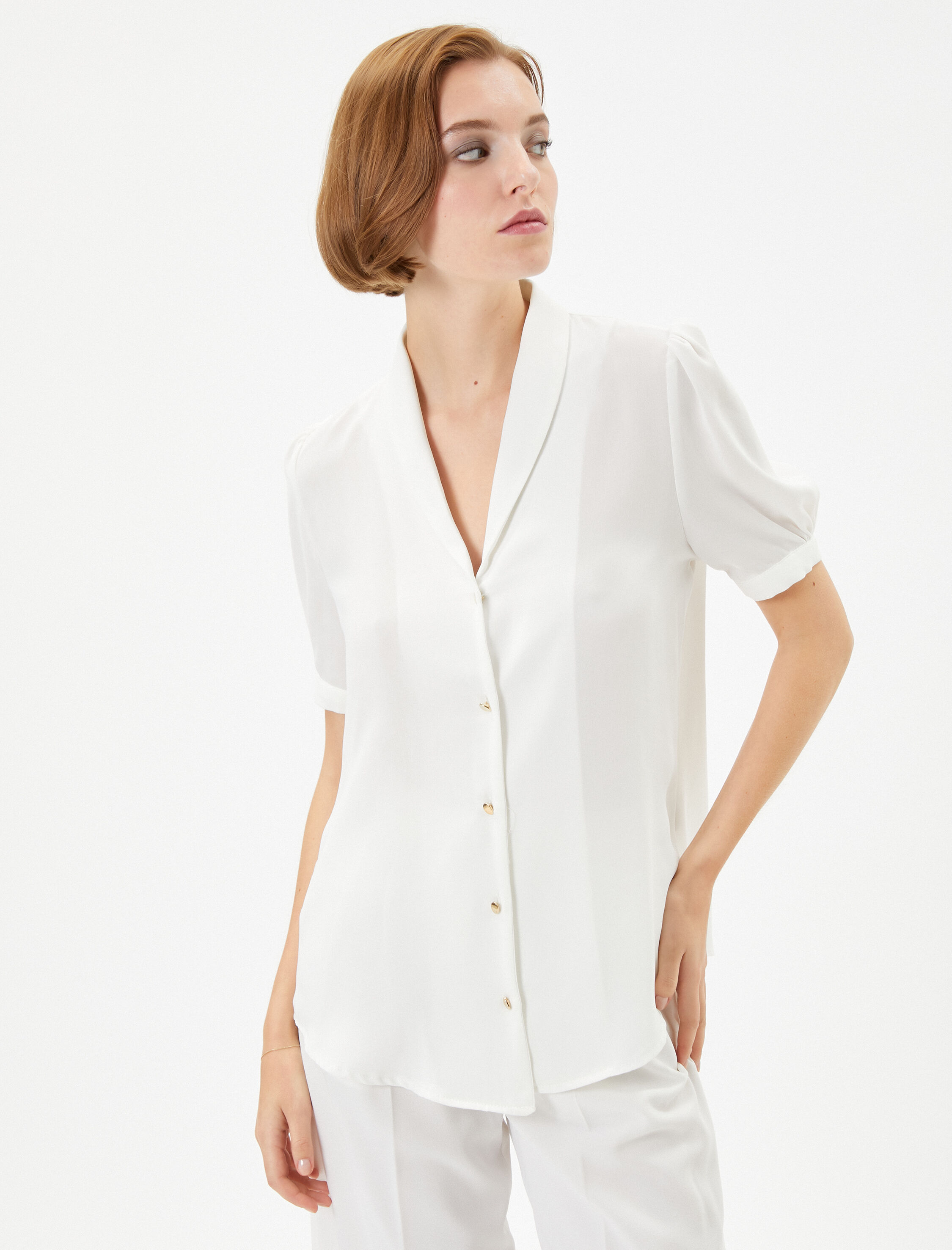   Balon Kollu Gömlek Düğmeli V Yaka