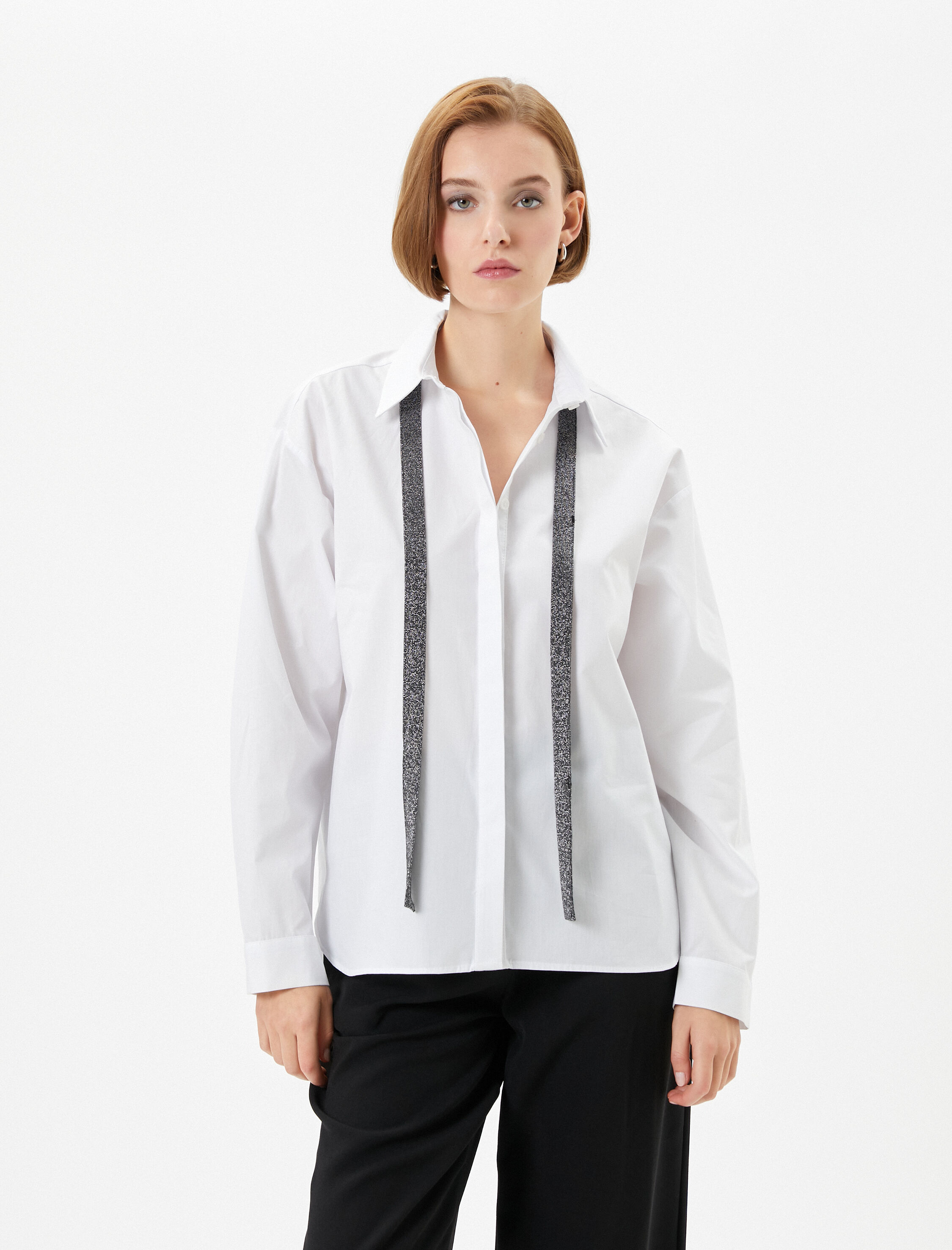   Fular Yaka Gömlek Uzun Kollu Düğmeli Pamuklu