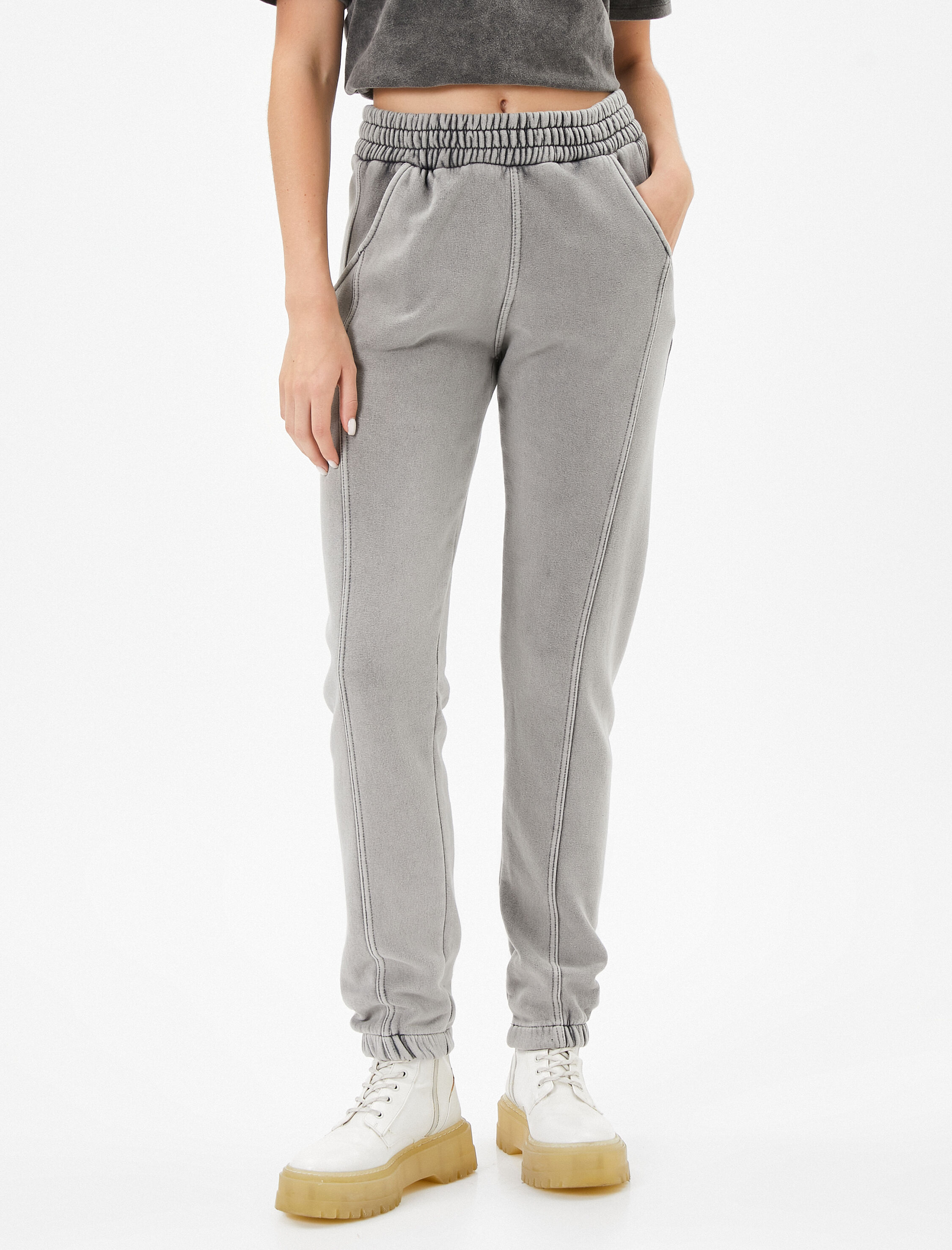   Şardonlu Jogger Eşofman Altı Soluk Efektli Yüksek Bel Cepli Rahat Kalıp Pamuklu