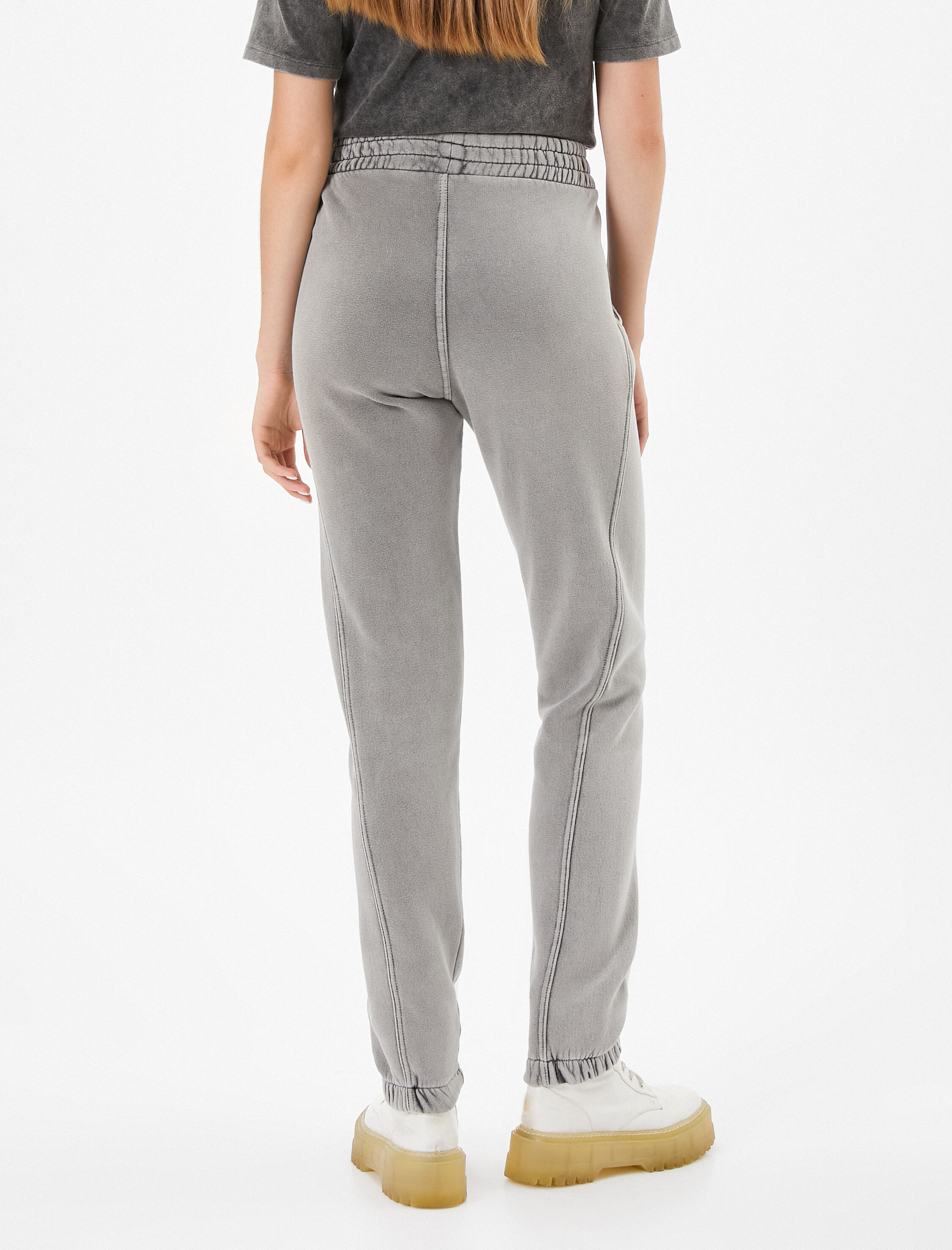   Şardonlu Jogger Eşofman Altı Soluk Efektli Yüksek Bel Cepli Rahat Kalıp Pamuklu