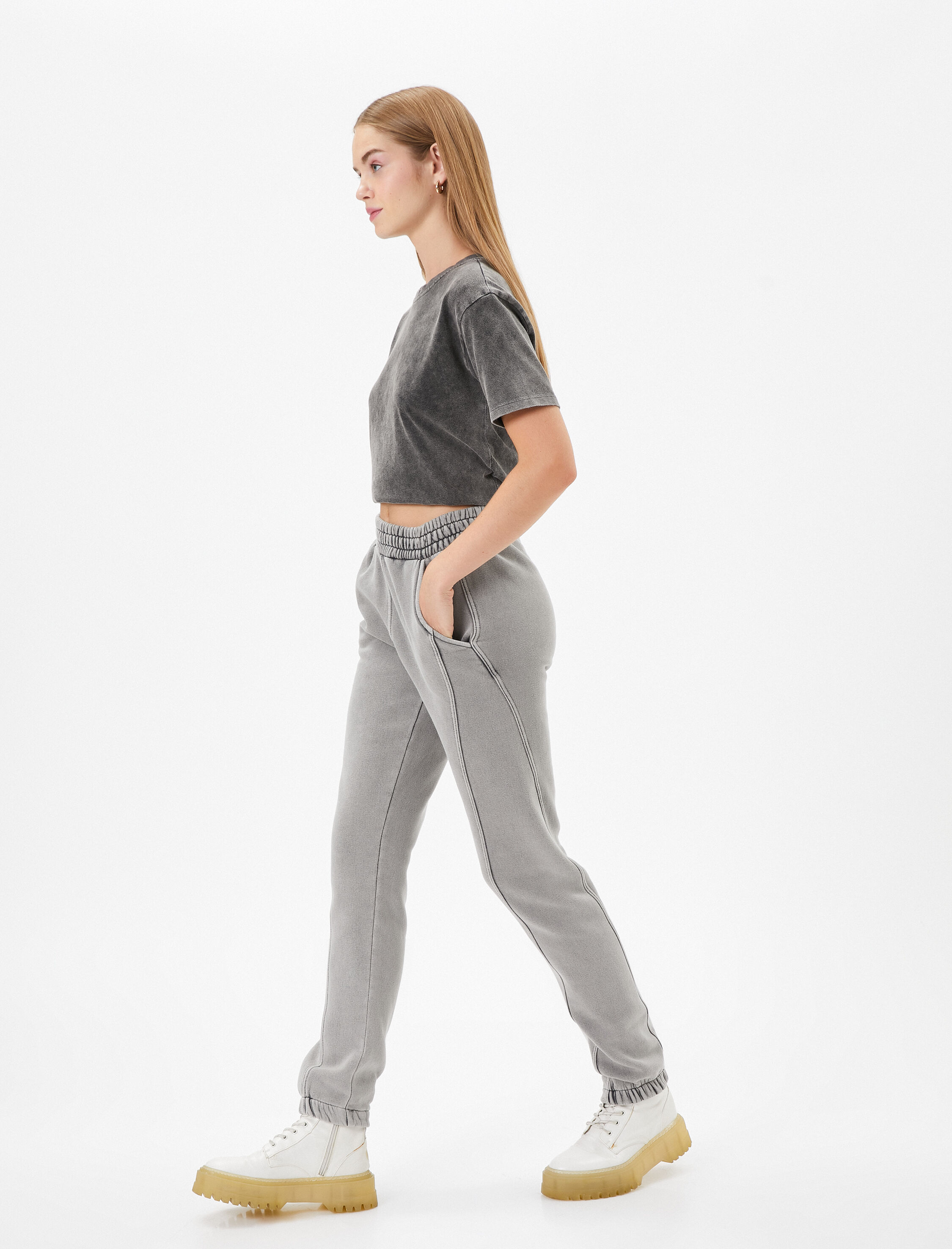   Şardonlu Jogger Eşofman Altı Soluk Efektli Yüksek Bel Cepli Rahat Kalıp Pamuklu