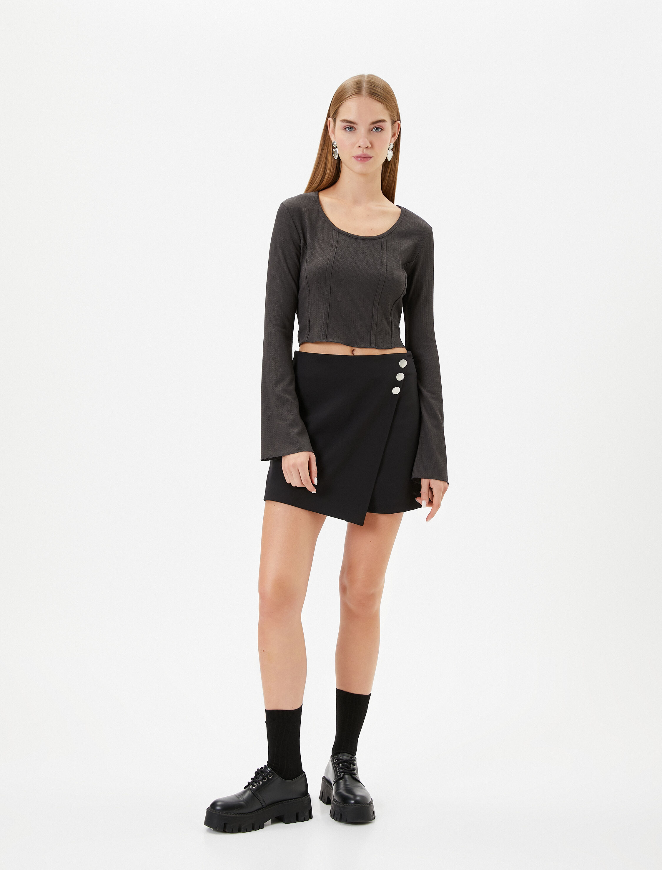   Crop Bluz Korse Detaylı Uzun Kollu U Yaka Ribanalı Bürümcük