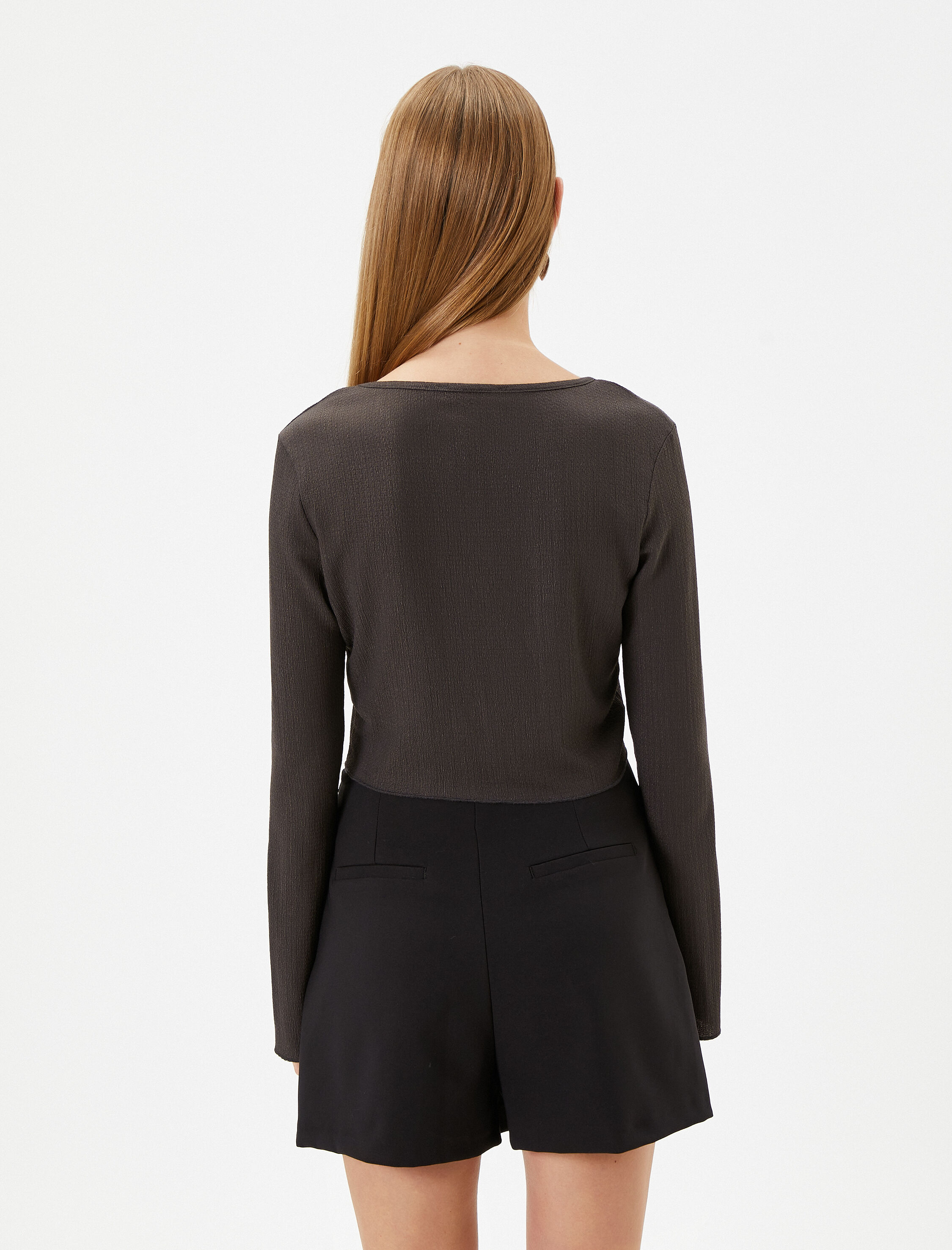   Crop Bluz Korse Detaylı Uzun Kollu U Yaka Ribanalı Bürümcük