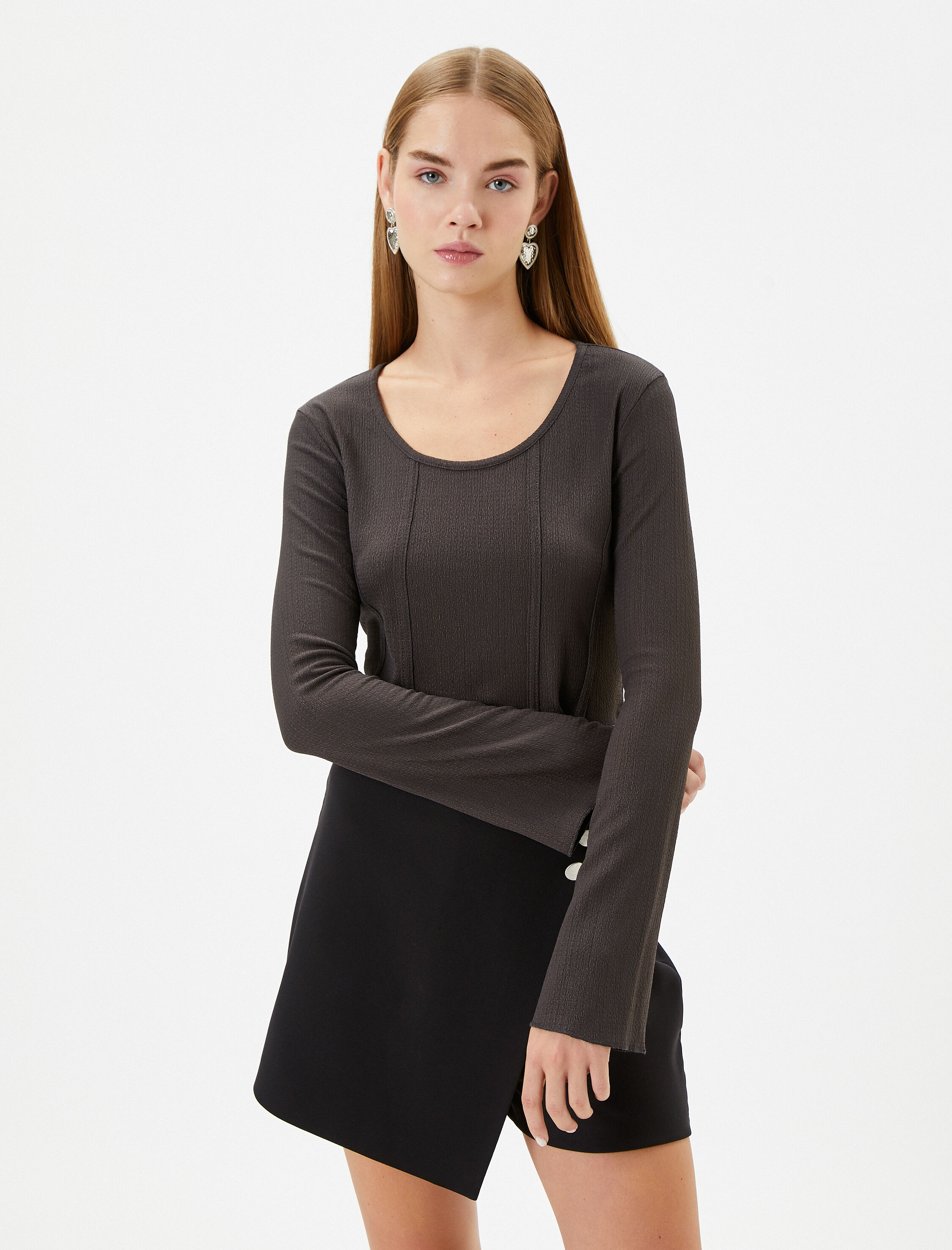   Crop Bluz Korse Detaylı Uzun Kollu U Yaka Ribanalı Bürümcük