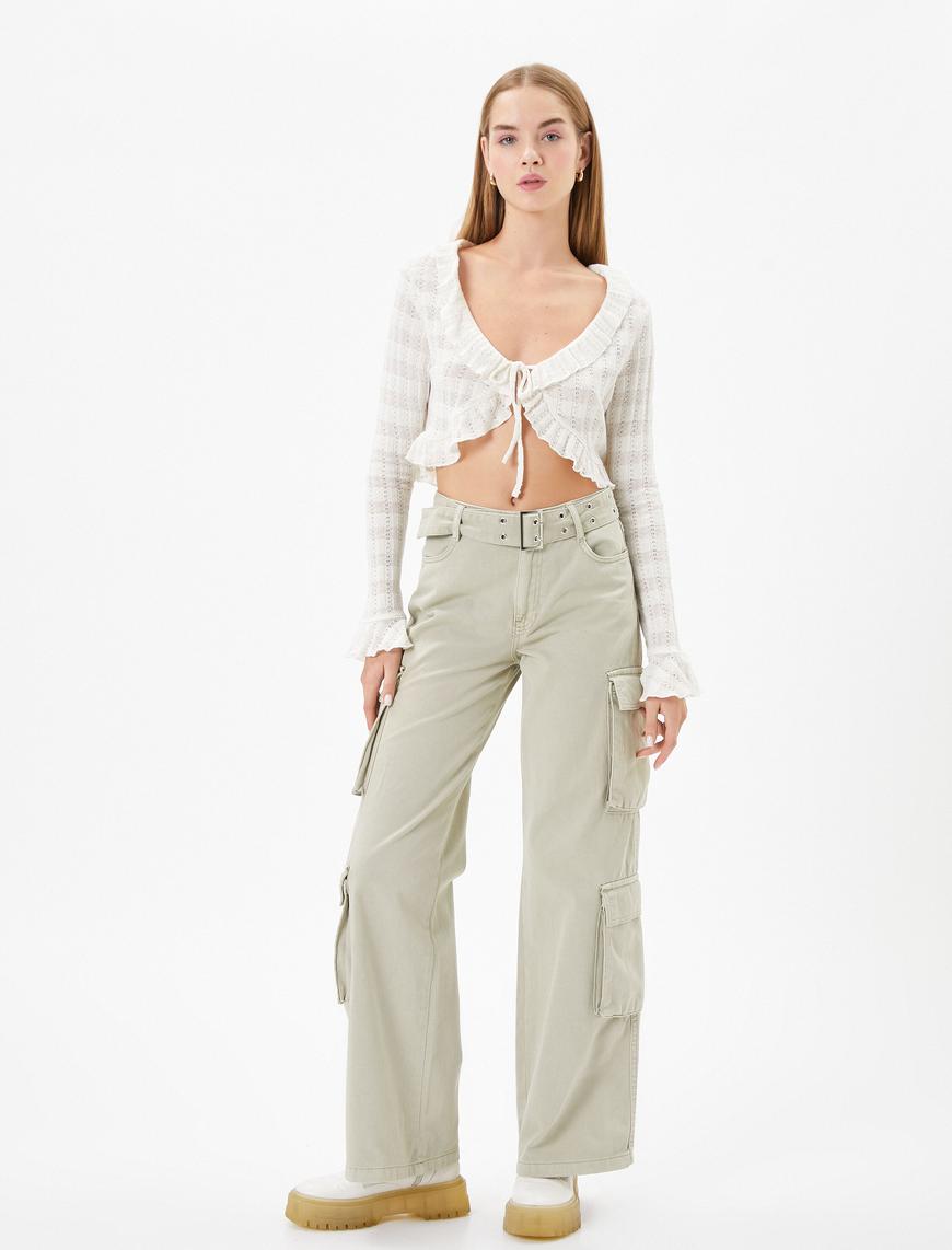  Kargo Pantolon Geniş Paça Normal Bel Kemer Detaylı Cepli Pamuklu - Bianca Jeans