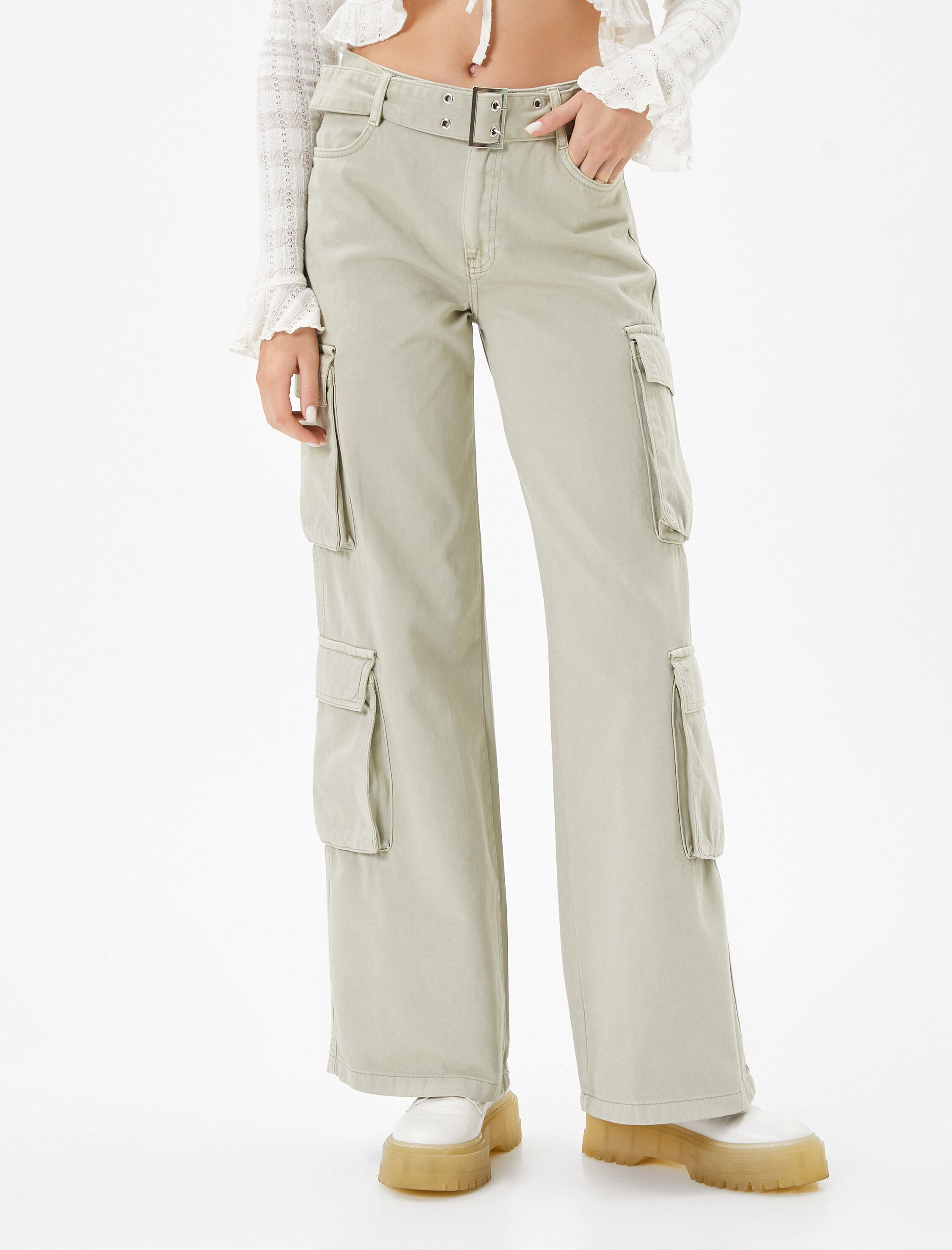 Kargo Pantolon Geniş Paça Normal Bel Kemer Detaylı Cepli Pamuklu - Bianca Jeans