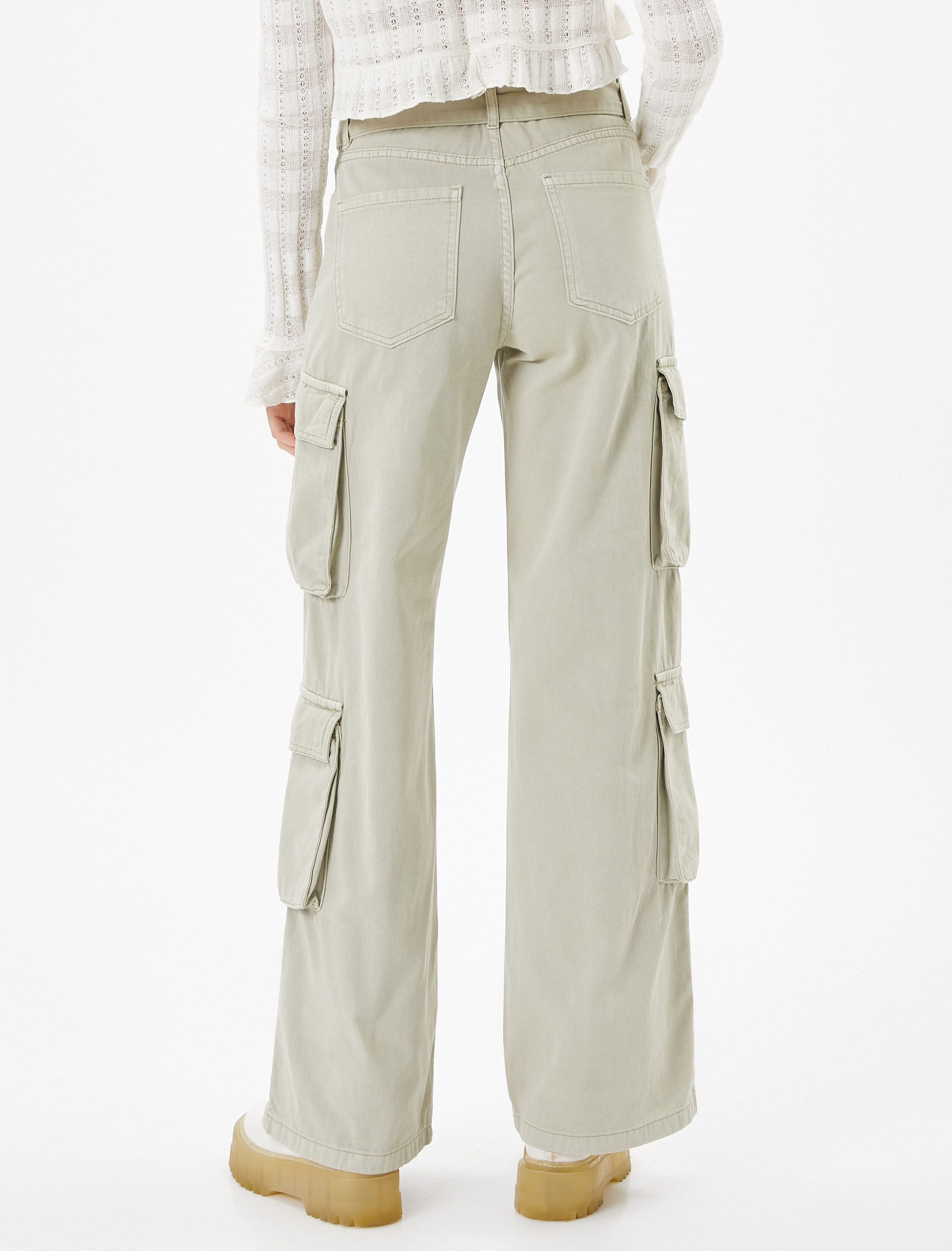 Kargo Pantolon Geniş Paça Normal Bel Kemer Detaylı Cepli Pamuklu - Bianca Jeans