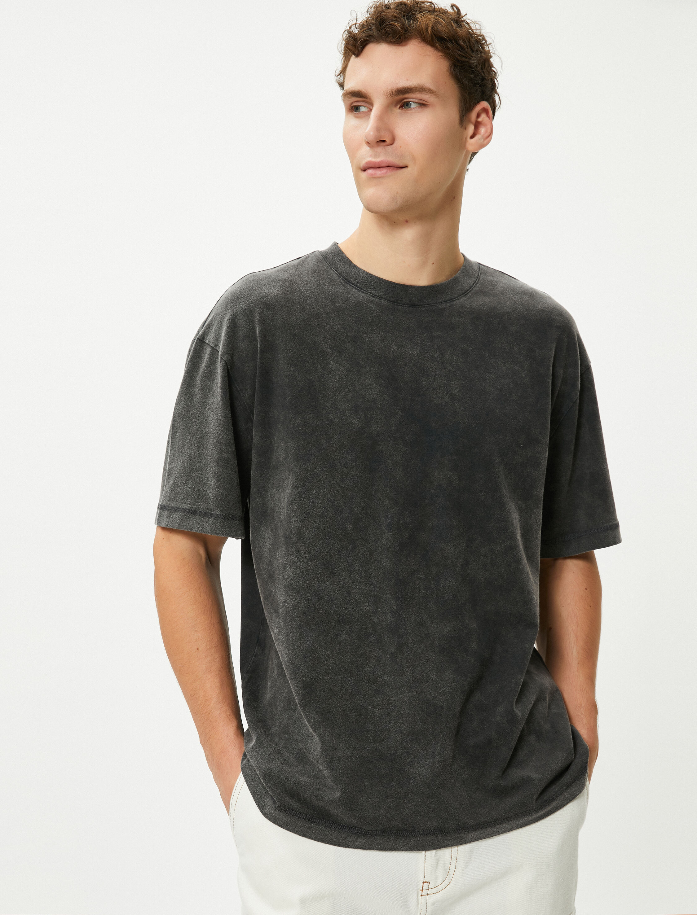 Siyah Erkek Yıkamalı Tişört Oversize Basic Kısa Kollu Bisiklet