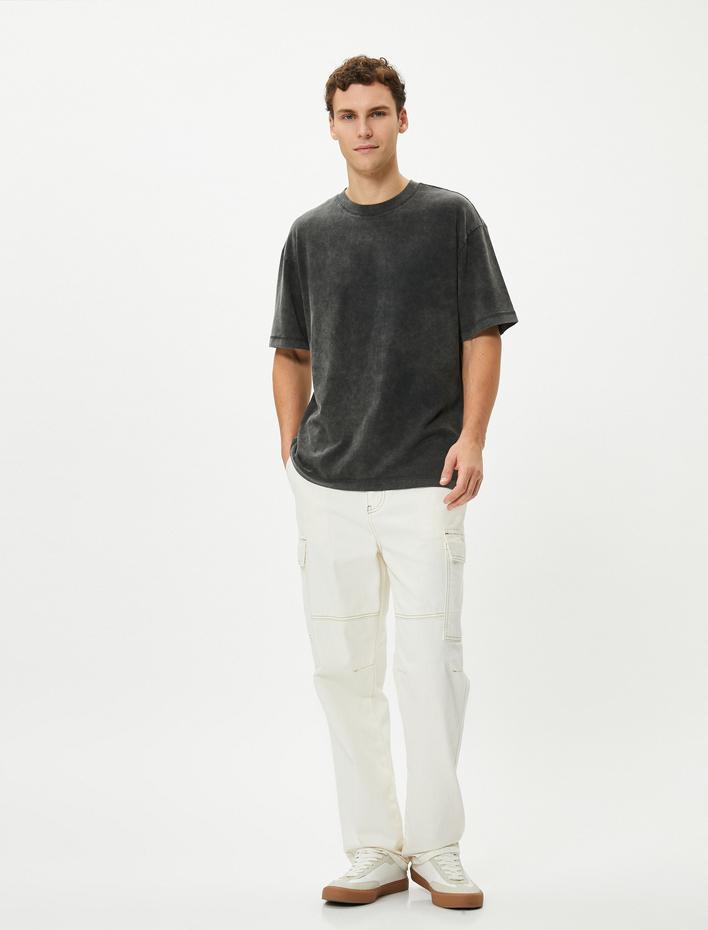  Yıkamalı Tişört Oversize Basic Kısa Kollu Bisiklet Yaka