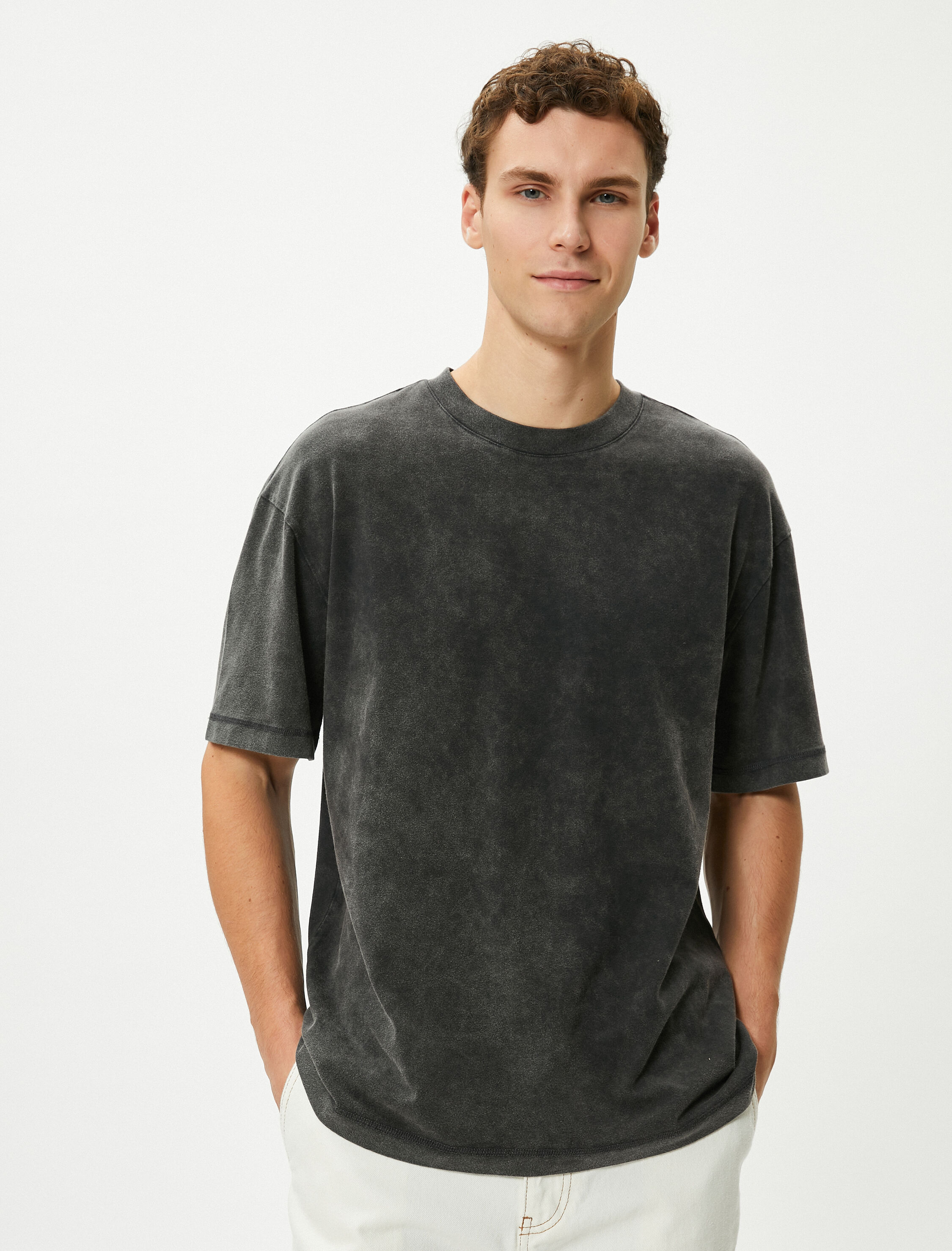   Yıkamalı Tişört Oversize Basic Kısa Kollu Bisiklet Yaka