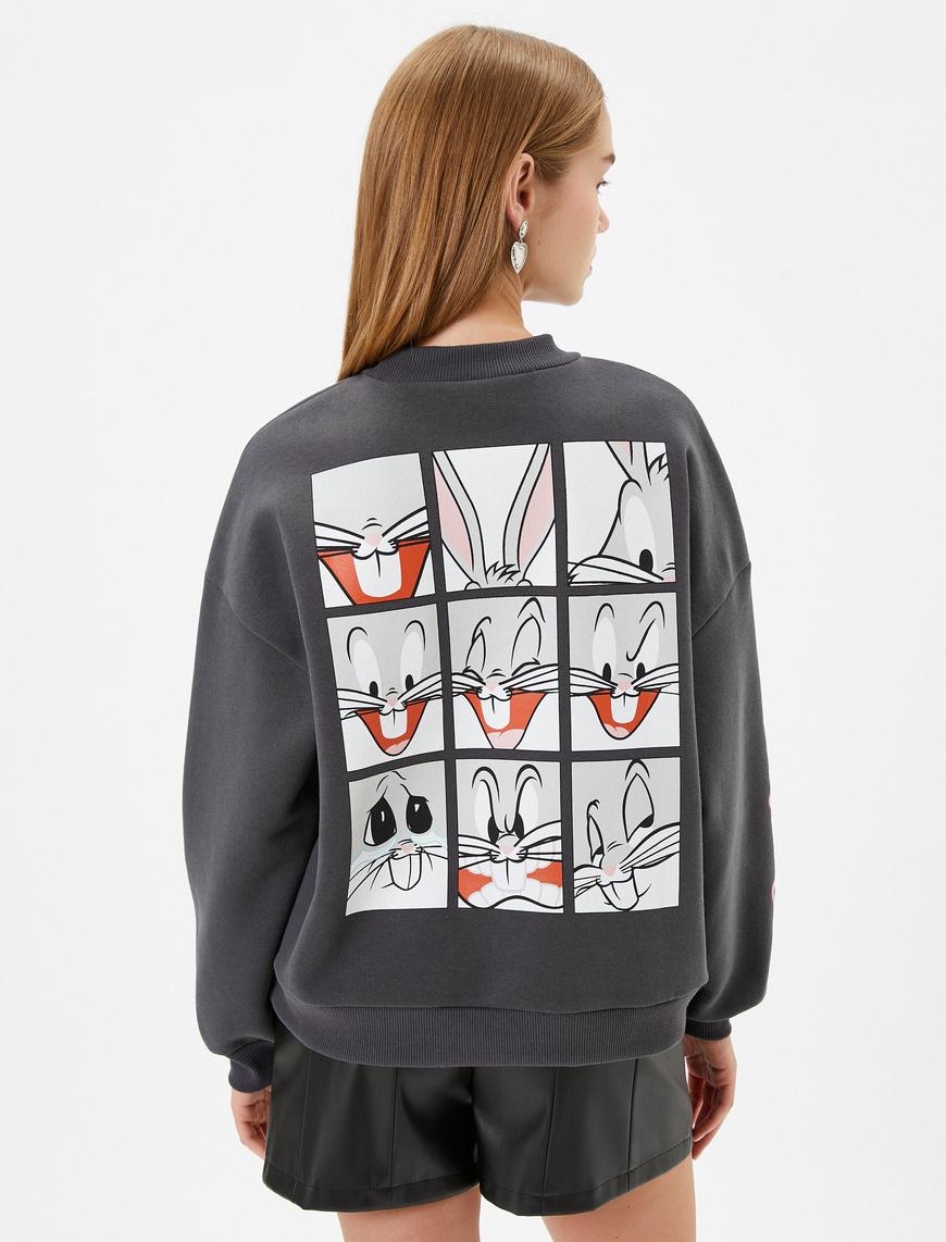   Bugs Bunny Sweatshirt Arkası Baskılı Lisanslı Rahat Kalıp Şardonlu Dik Yaka