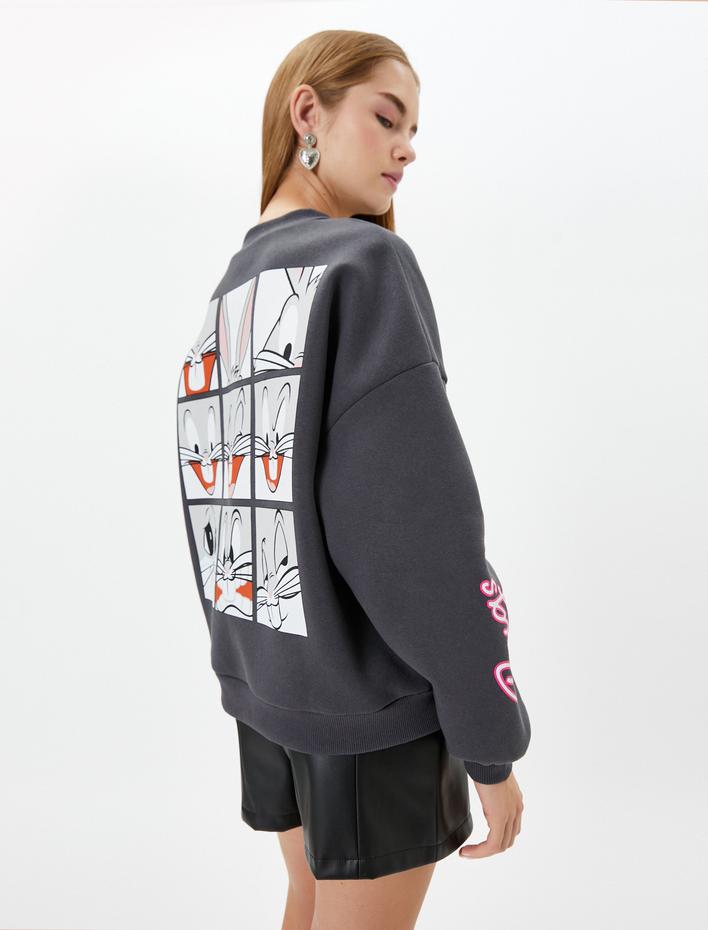  Bugs Bunny Sweatshirt Arkası Baskılı Lisanslı Rahat Kalıp Şardonlu Dik Yaka