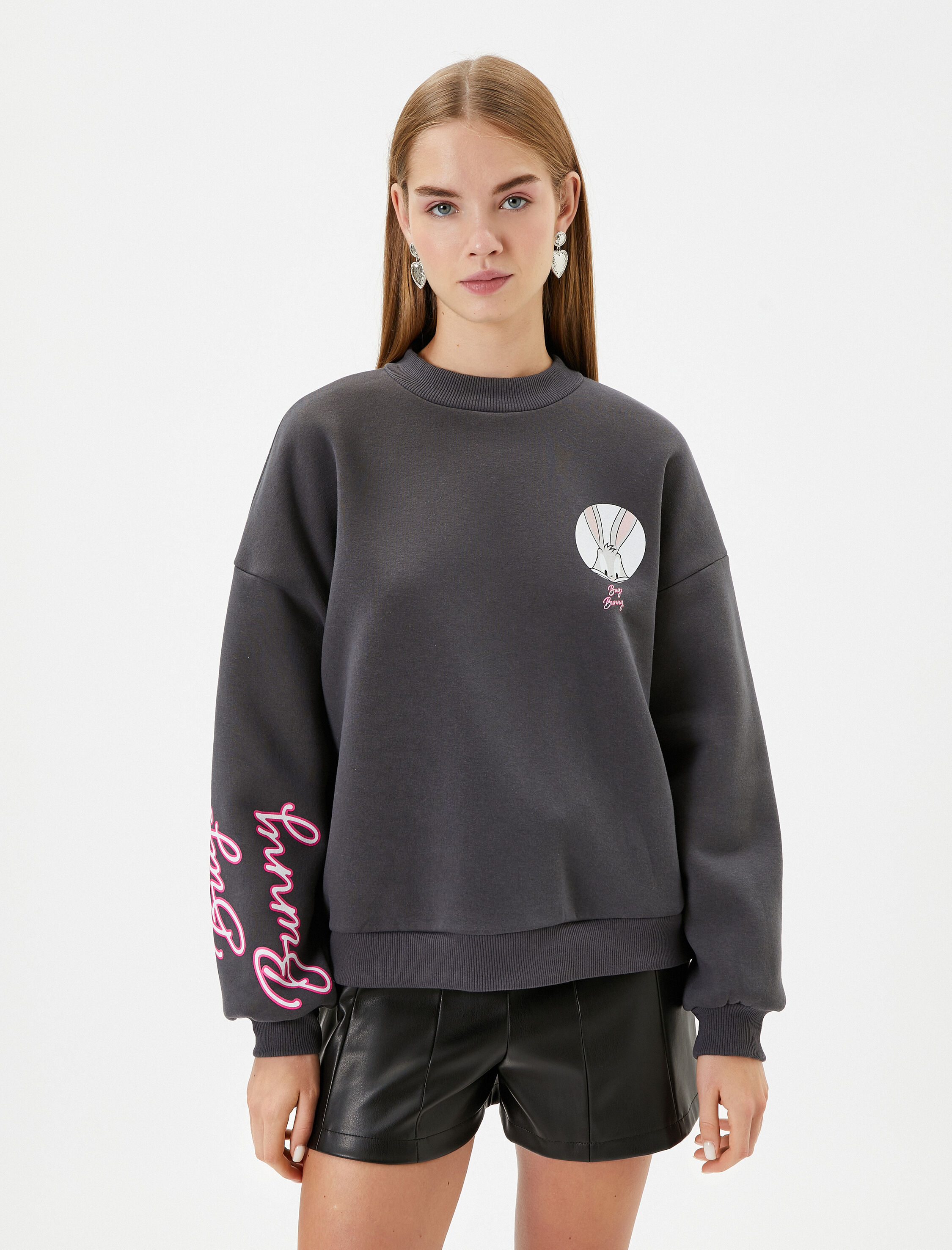 Bugs Bunny Sweatshirt Arkası Baskılı Lisanslı Rahat Kalıp Şardonlu Dik Yaka