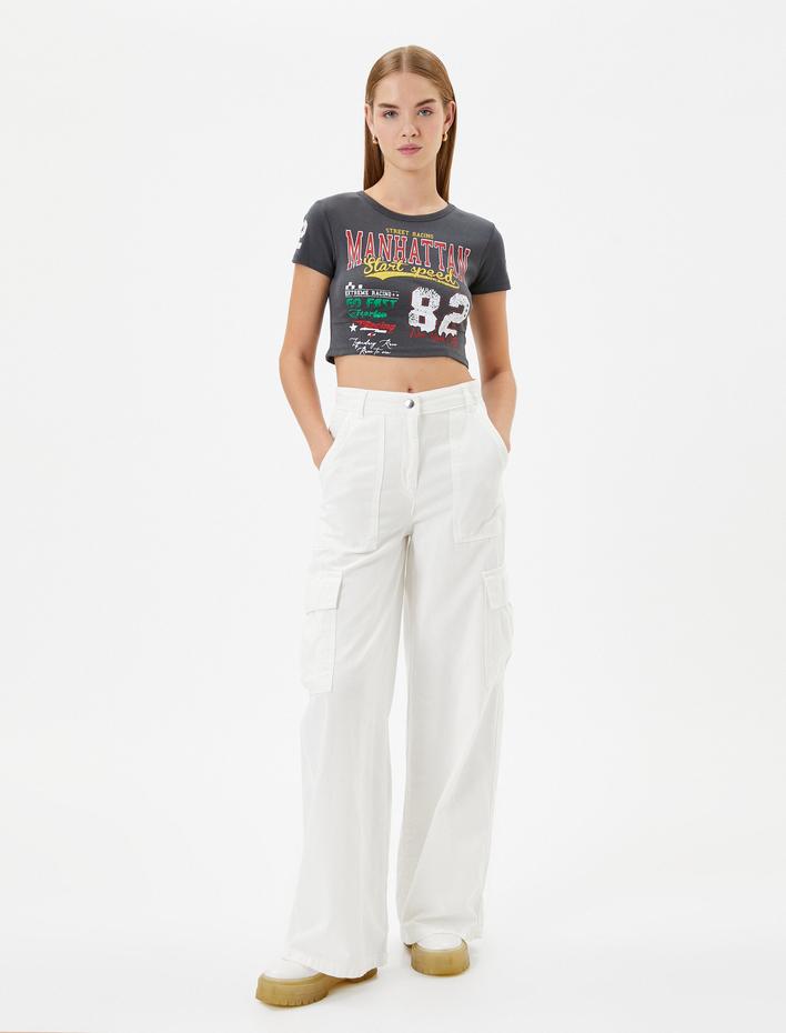  Crop Kolej Tişört Kısa Kollu Bisiklet Yaka Pamuklu