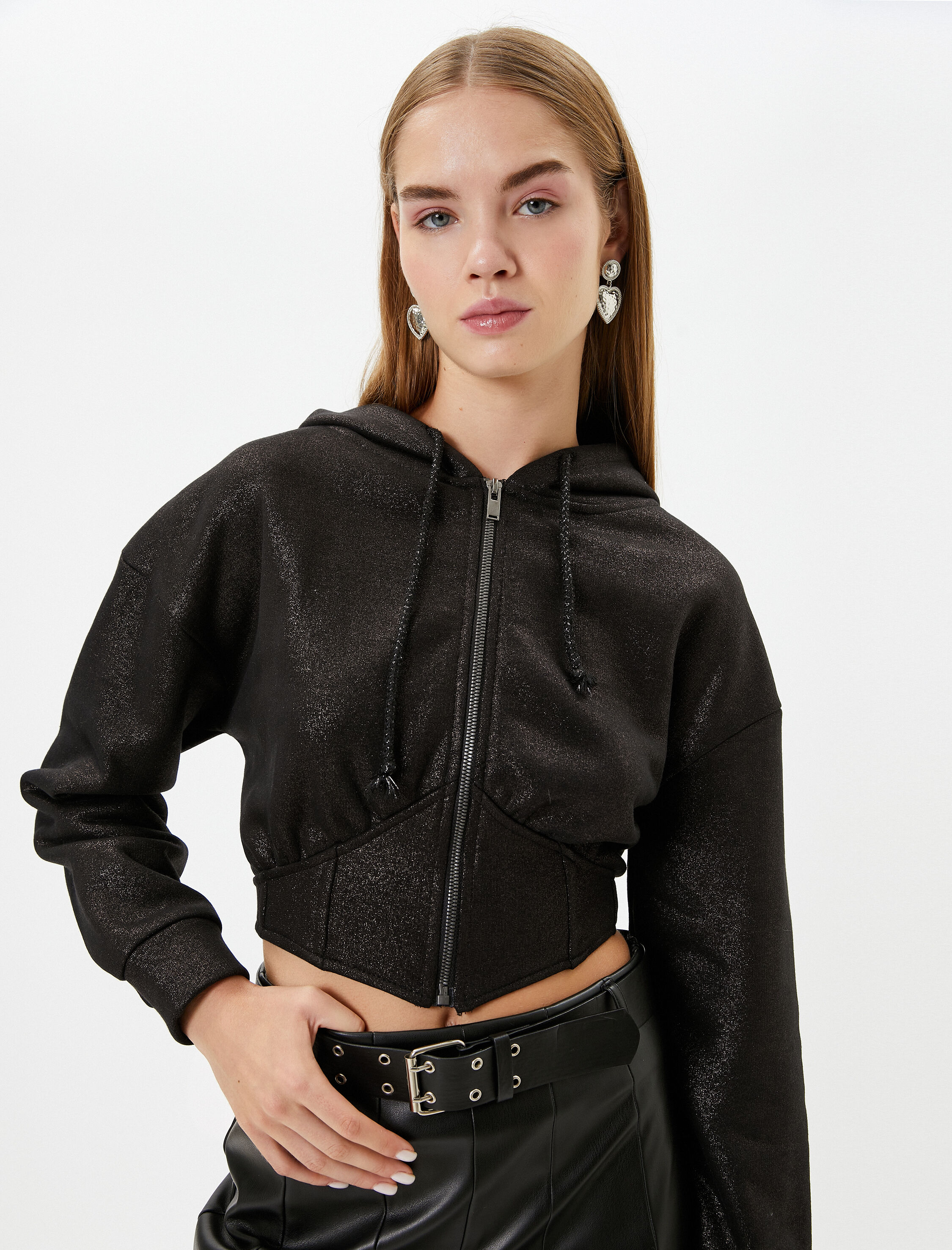   Şardonlu Parlak Kapşonlu Fermuarlı Crop Sweatshirt Korse Detaylı