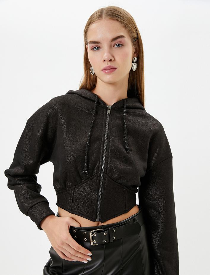  Şardonlu Parlak Kapşonlu Fermuarlı Crop Sweatshirt Korse Detaylı