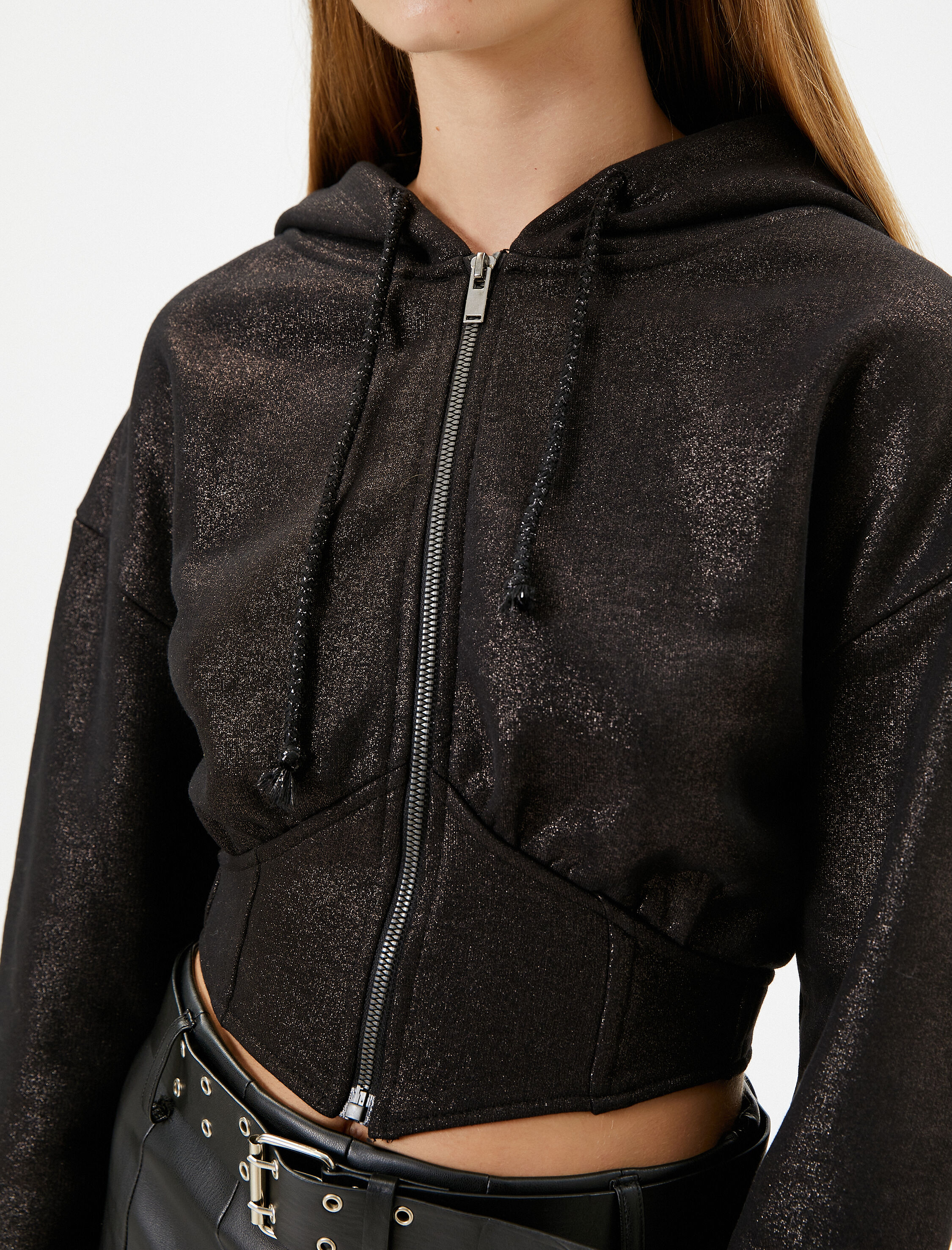   Şardonlu Parlak Kapşonlu Fermuarlı Crop Sweatshirt Korse Detaylı