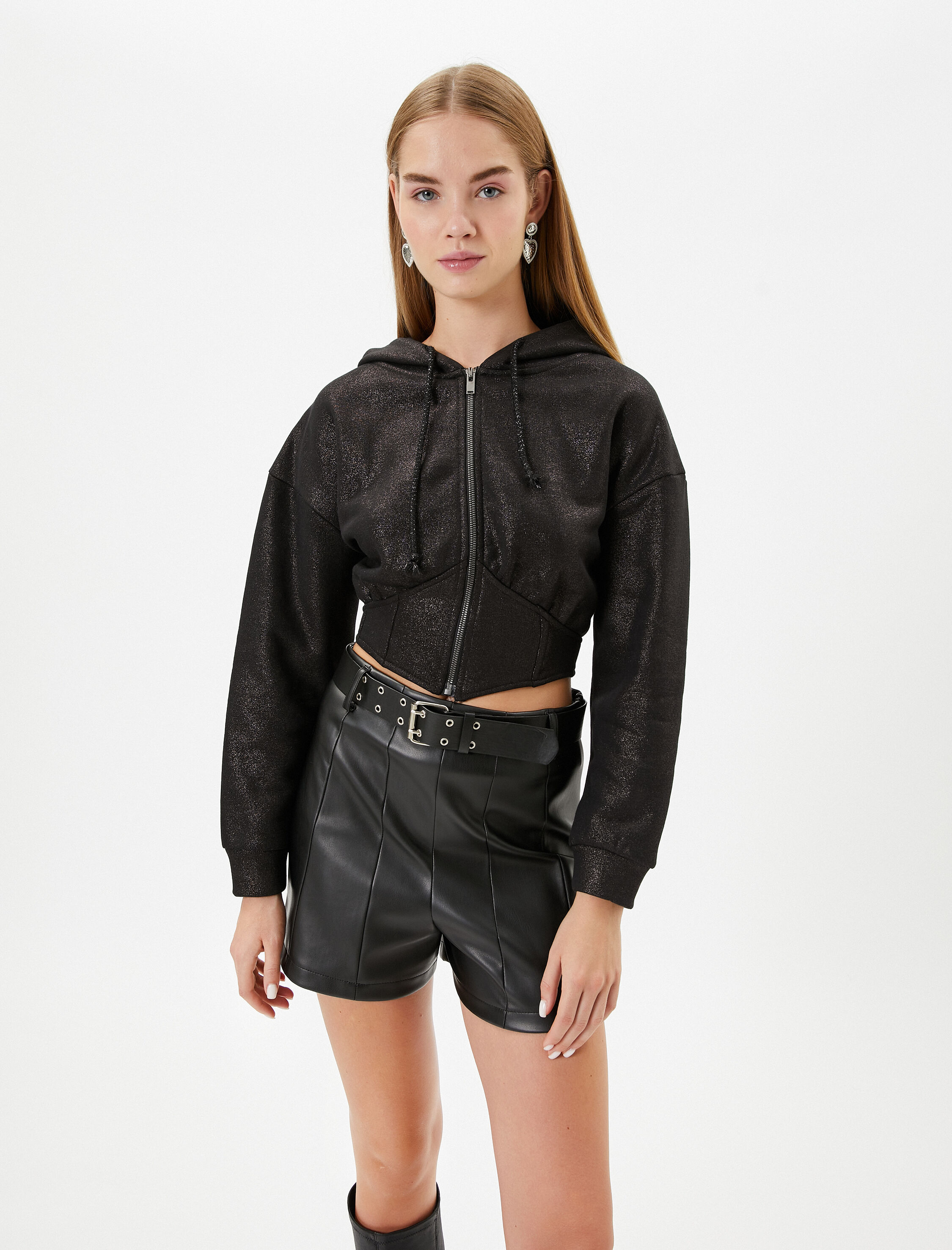   Şardonlu Parlak Kapşonlu Fermuarlı Crop Sweatshirt Korse Detaylı