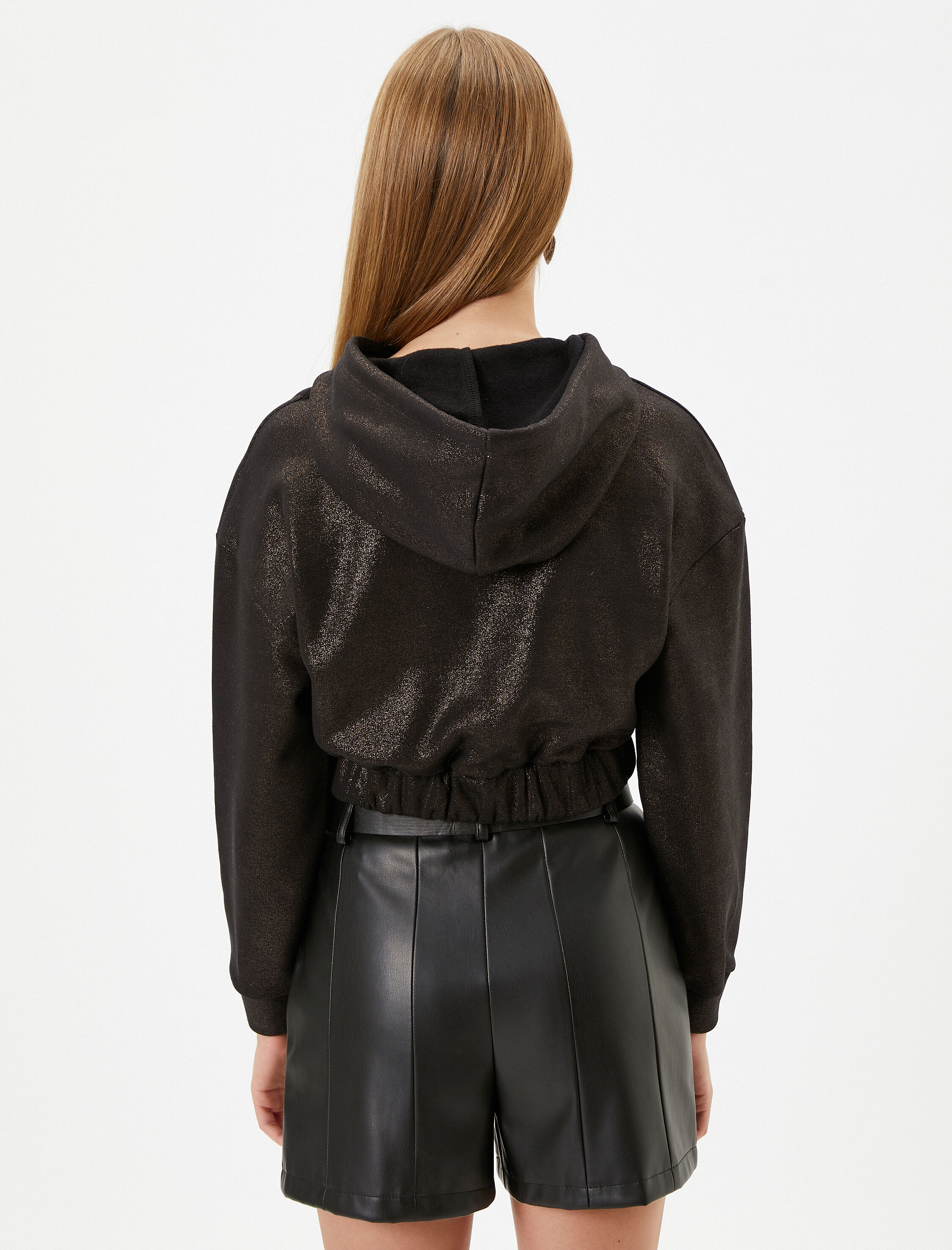   Şardonlu Parlak Kapşonlu Fermuarlı Crop Sweatshirt Korse Detaylı