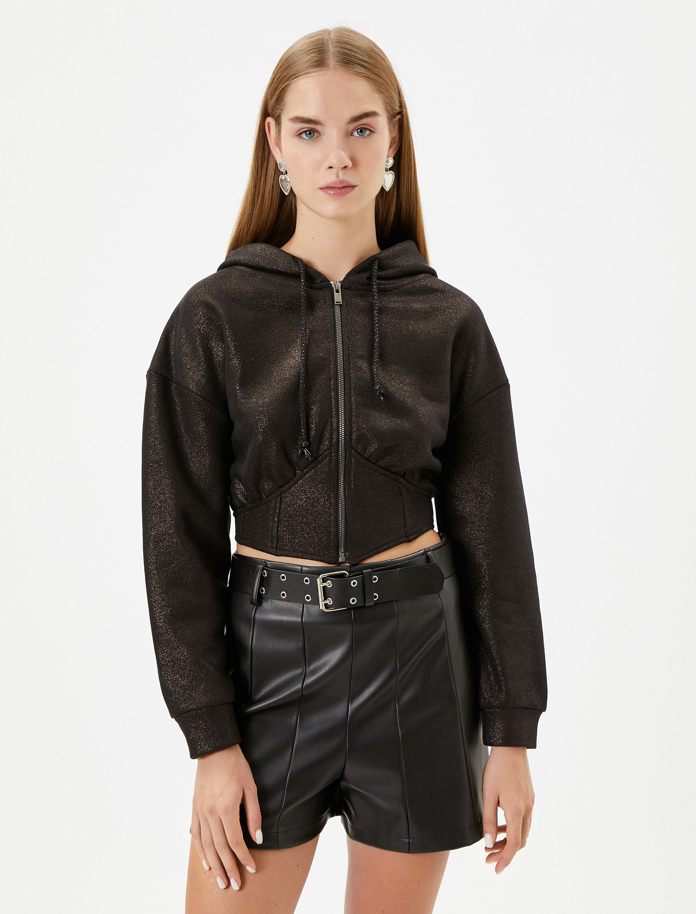   Şardonlu Parlak Kapşonlu Fermuarlı Crop Sweatshirt Korse Detaylı