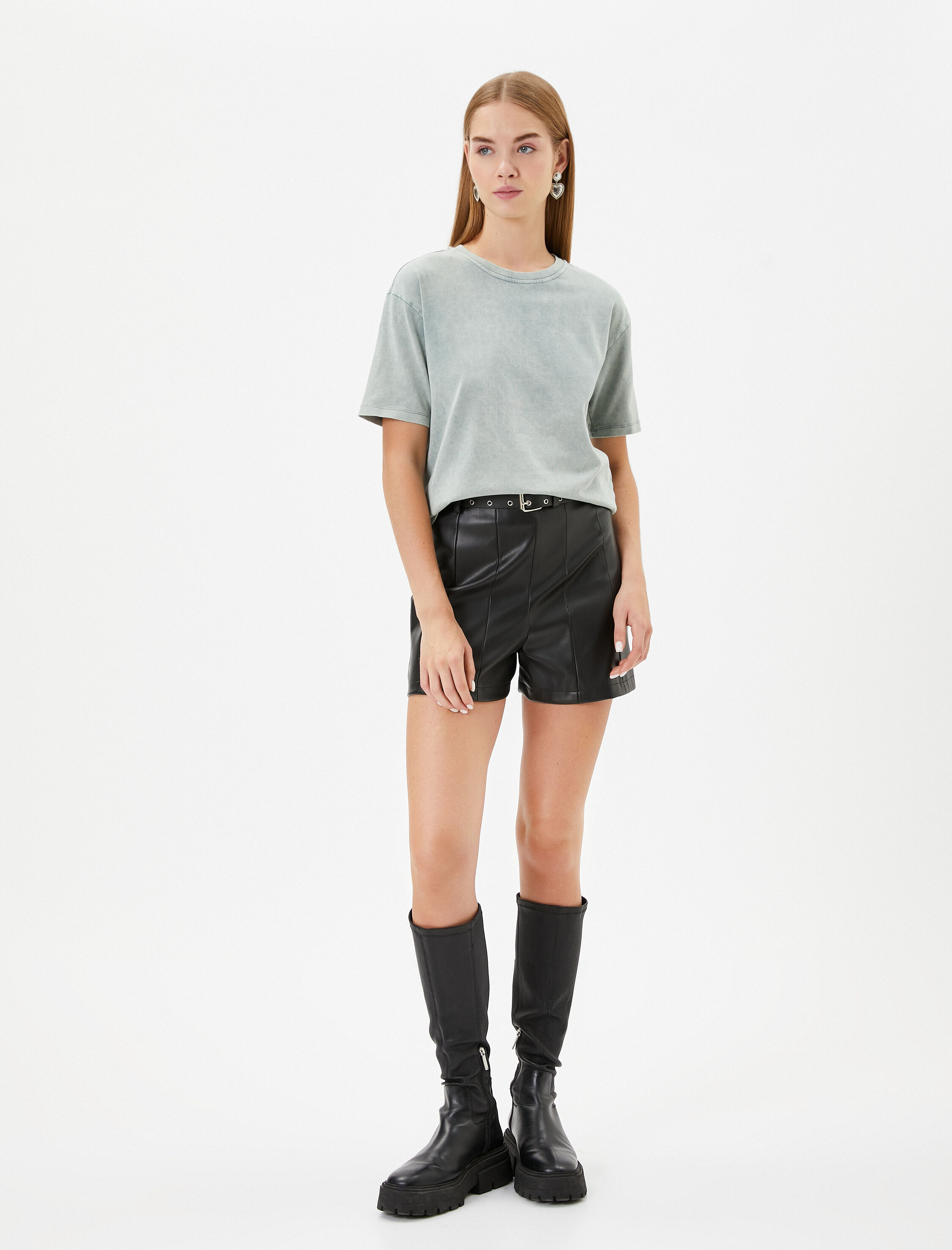   Oversize Tişört Soluk Efektli Kısa Kollu Bisiklet Yaka Pamuklu