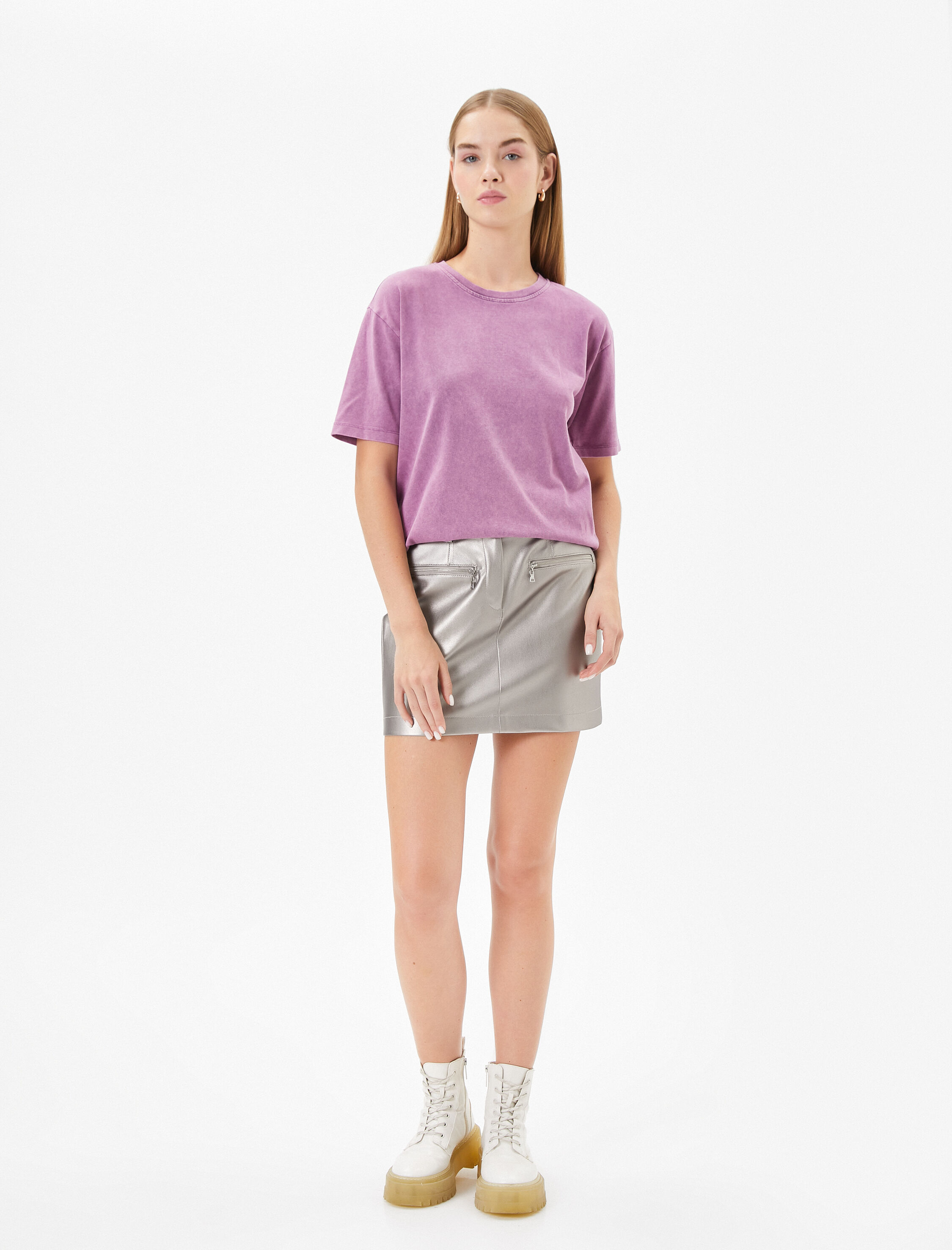   Oversize Tişört Soluk Efektli Kısa Kollu Bisiklet Yaka Pamuklu