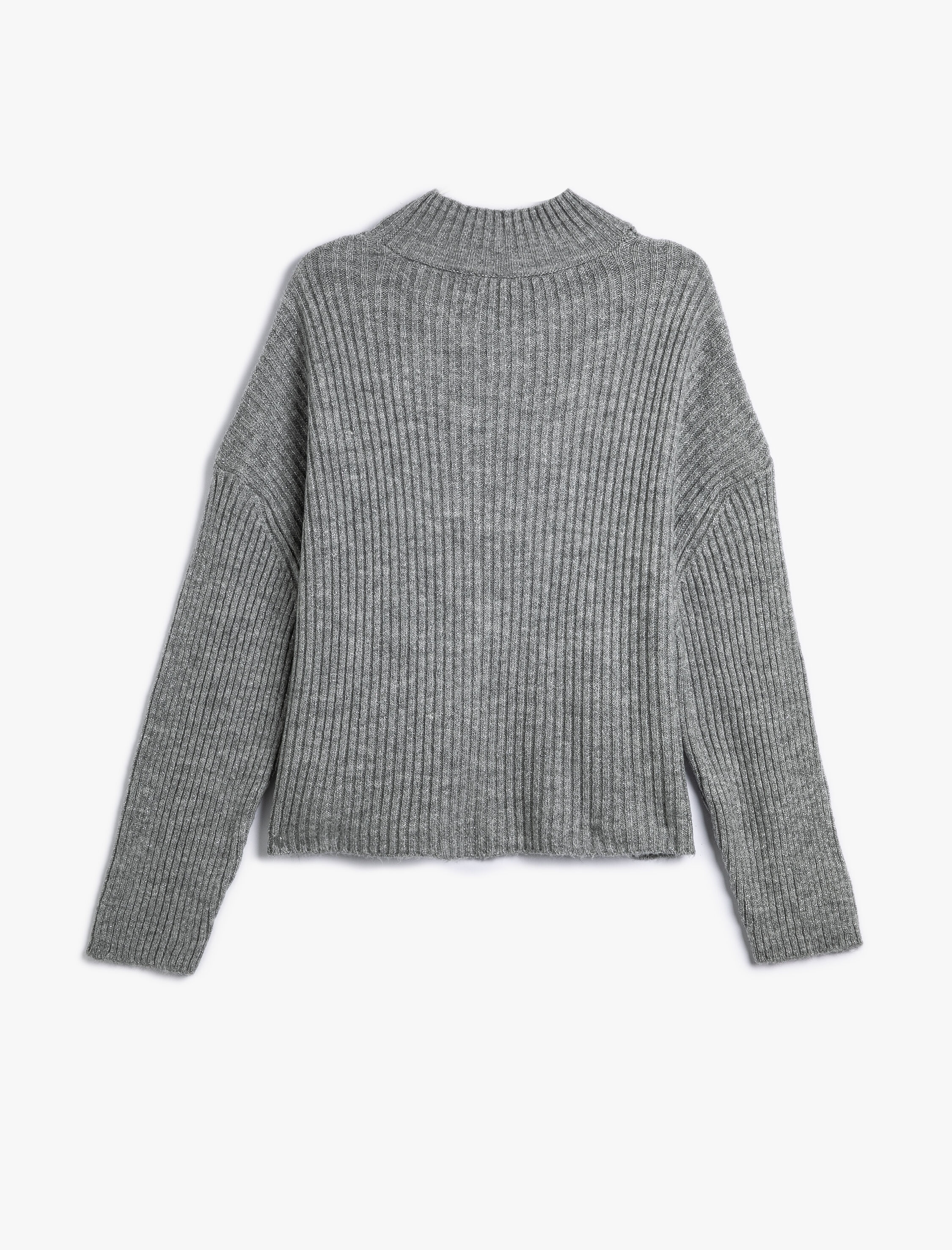   Dik Yaka Basic Triko Kazak Uzun Kollu Rahat Kalıp Kaşkorse Metal İplik Detaylı