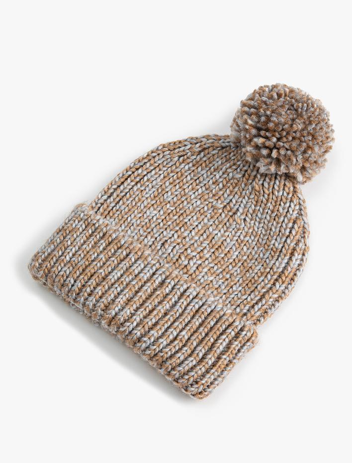 Kadın Lastikli Örgü Bere Kenarları Katlı Ponpon Detaylı