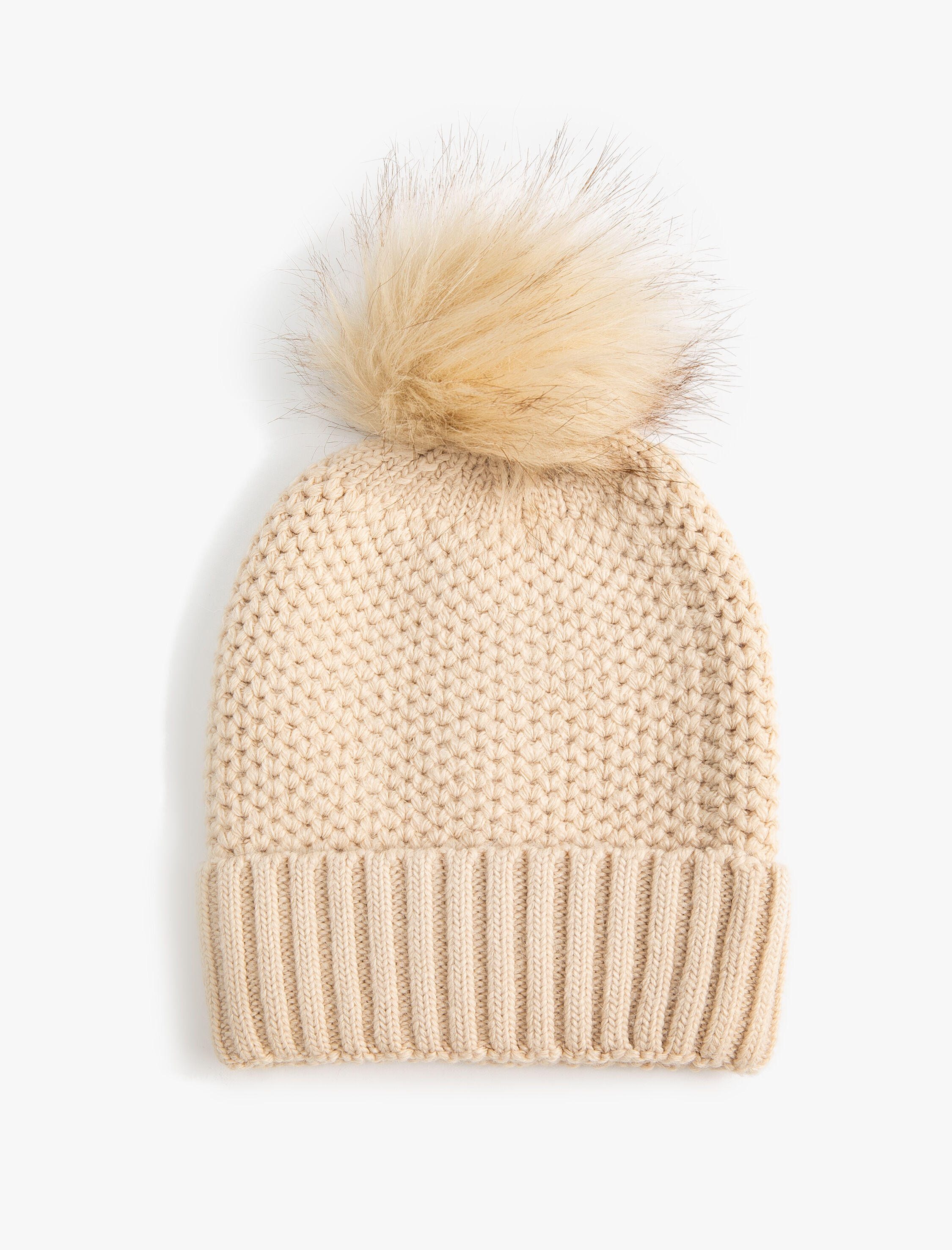  Kadın Lastikli Örgü Bere Kenarları Katlı Peluş Ponpon Detaylı