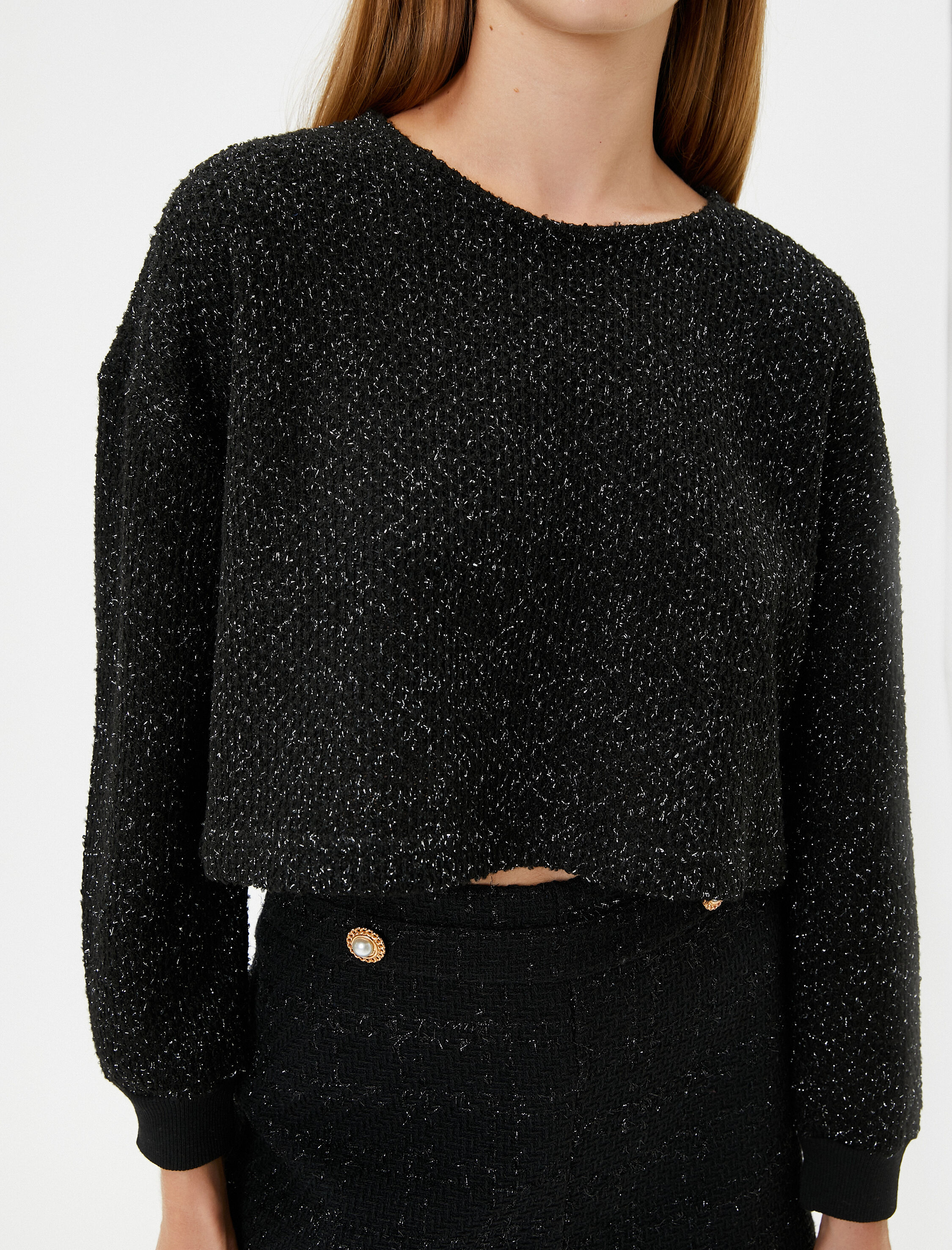   Crop Oversize Tüvit Sweatshirt Uzun Kollu Bisiklet Yaka