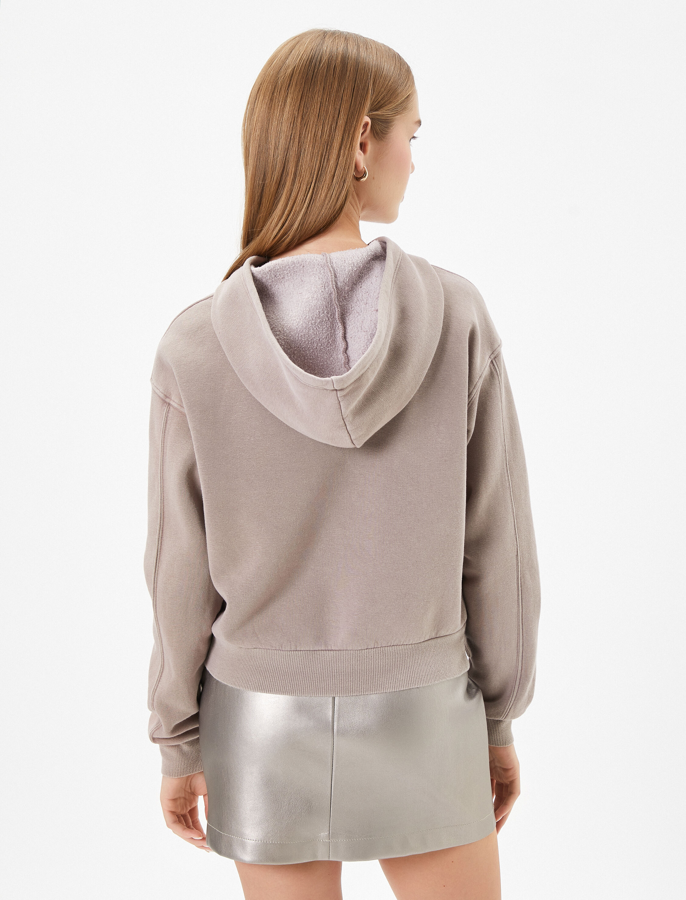   Şardonlu Kapşonlu Crop Kolej Sweatshirt Soluk Efektli Baskılı Pamuklu