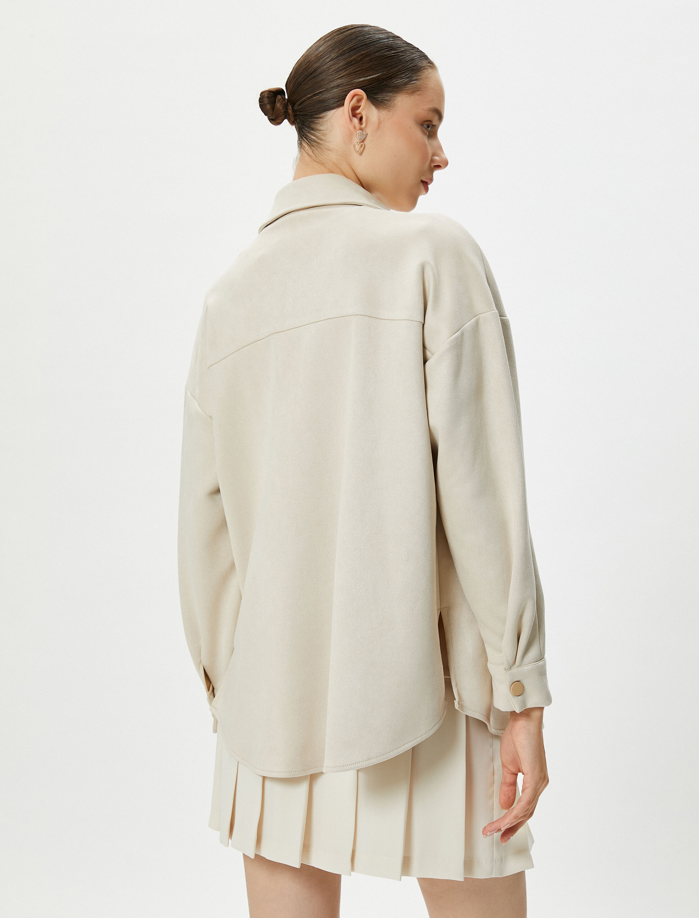   Oversize Gömlek Süet Görünümlü Kapaklı Cepli Düğmeli