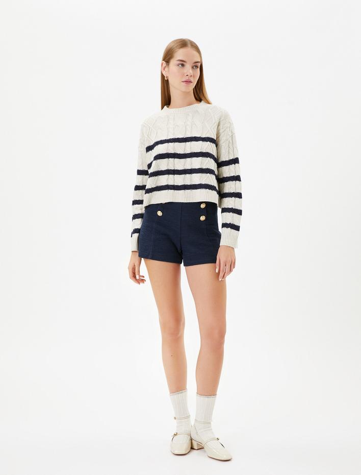  Crop Triko Kazak Bisiklet Yaka Uzun Kollu Saç Örgüsü Motifli