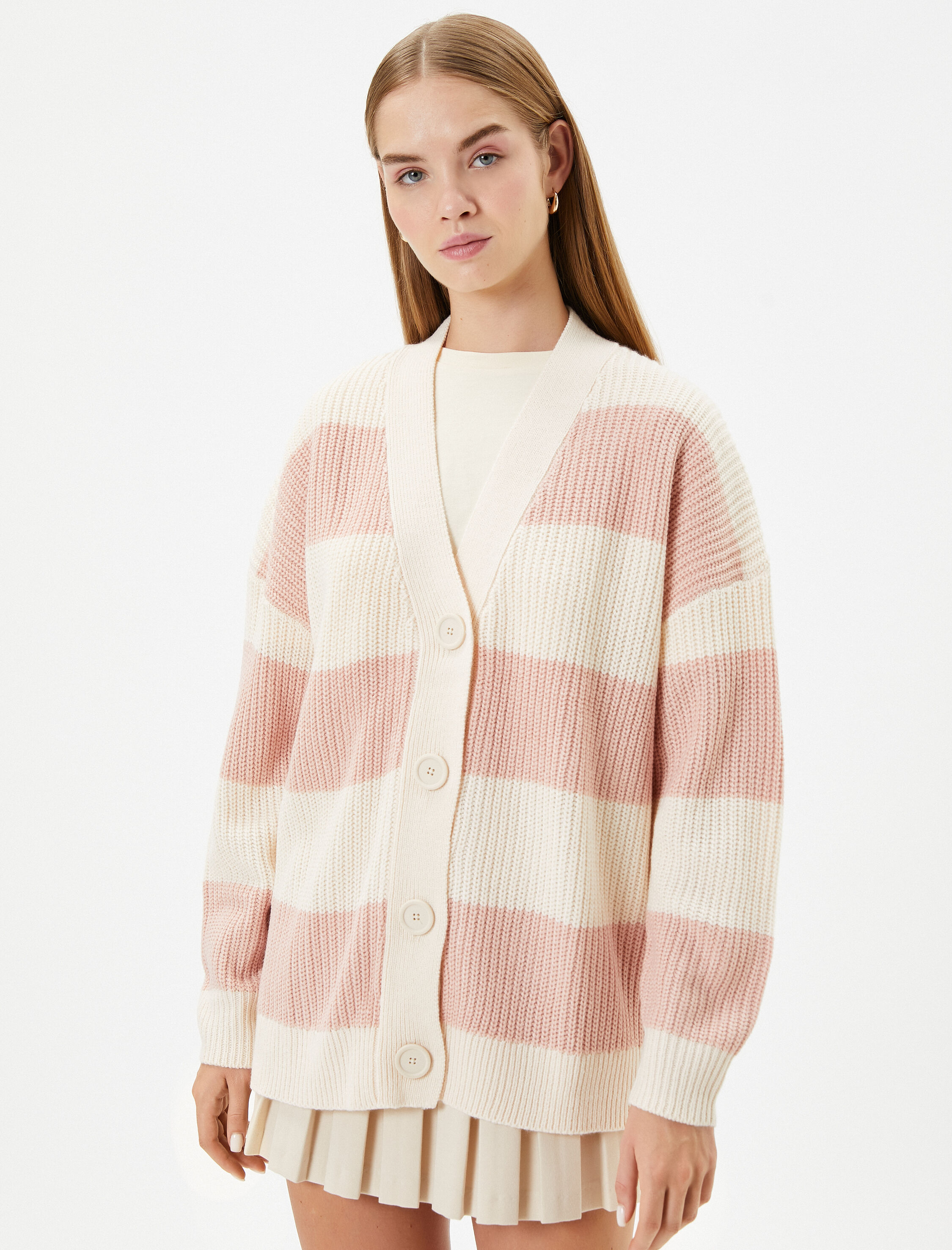   Uzun Hırka Rahat Kalıp V Yaka Düğmeli Uzun Kollu