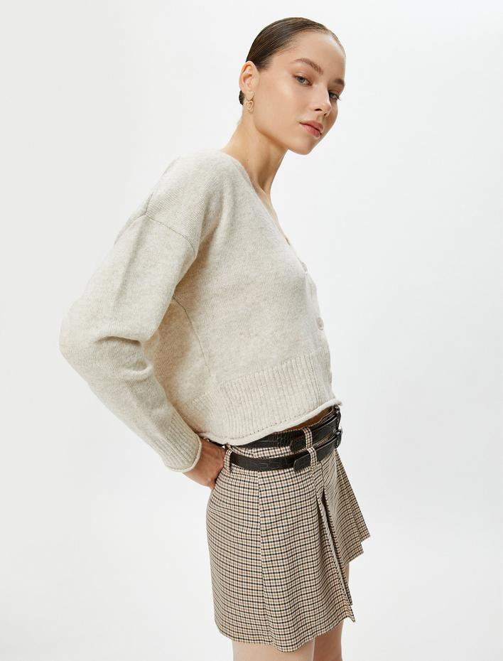  Düğmeli V Yaka Hırka Yumuşak Dokulu Uzun Kollu