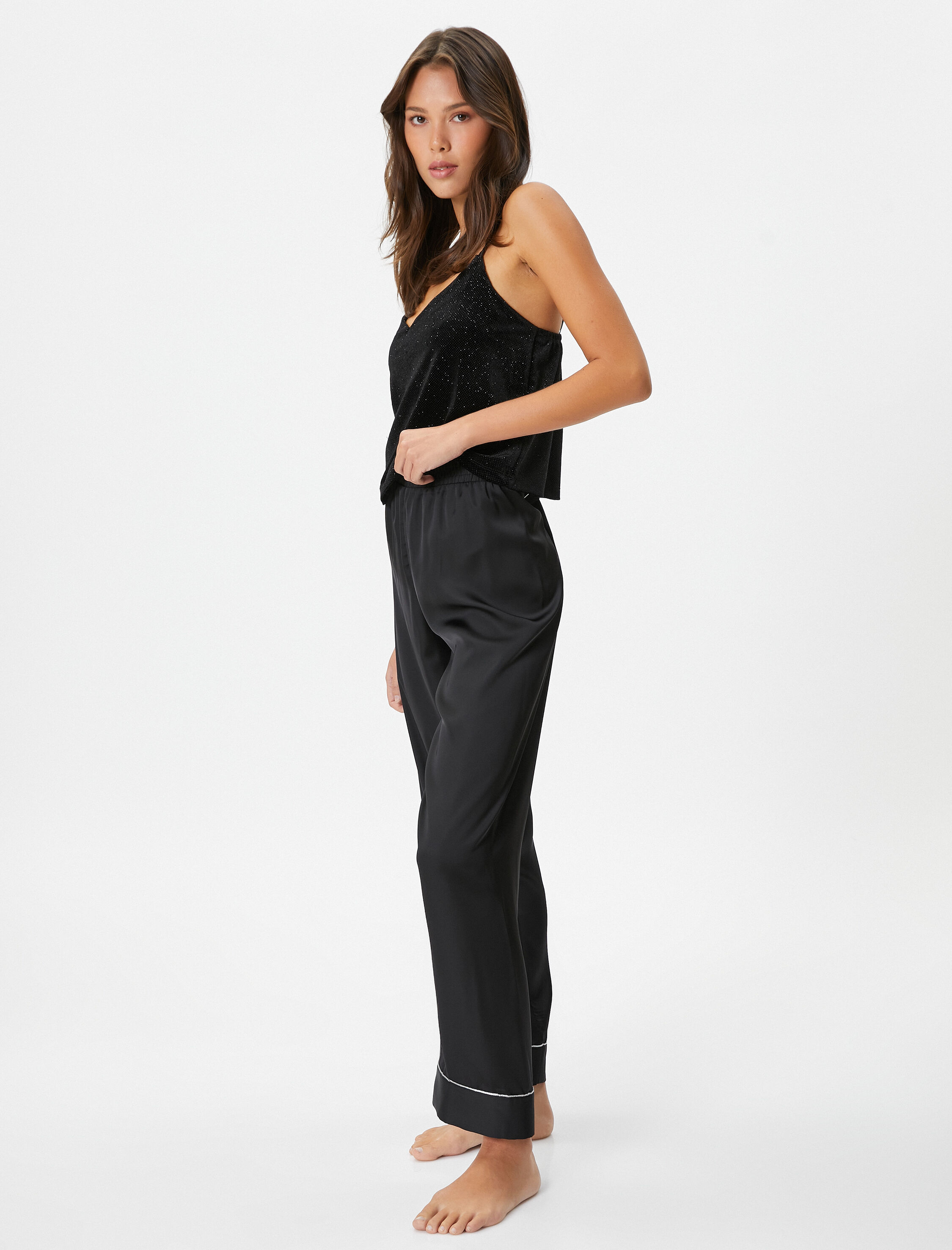   Saten Pijama Altı Düz Paça Beli Lastikli