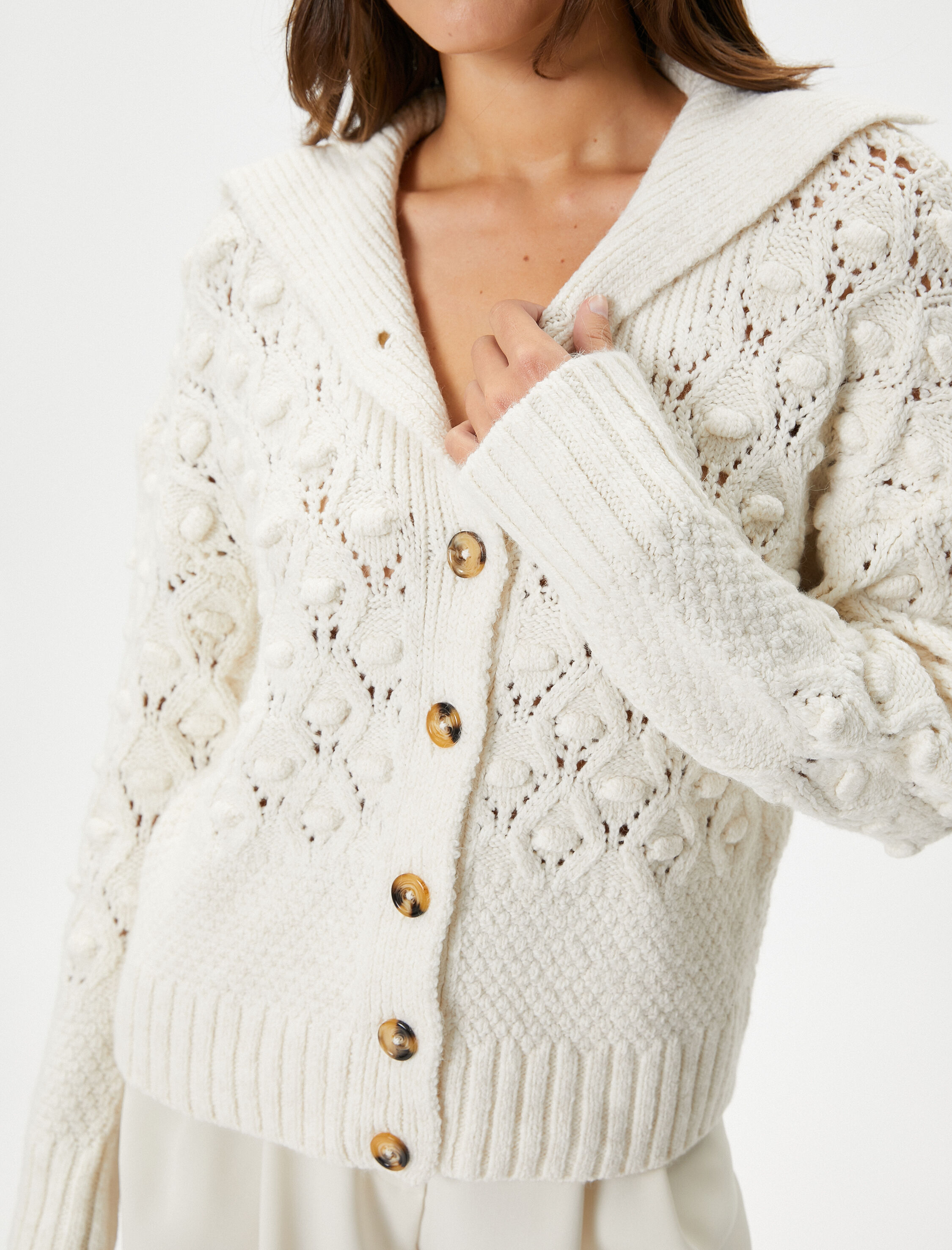   Oversize Örgü Hırka Düğmeli Dokulu Geniş V Yaka