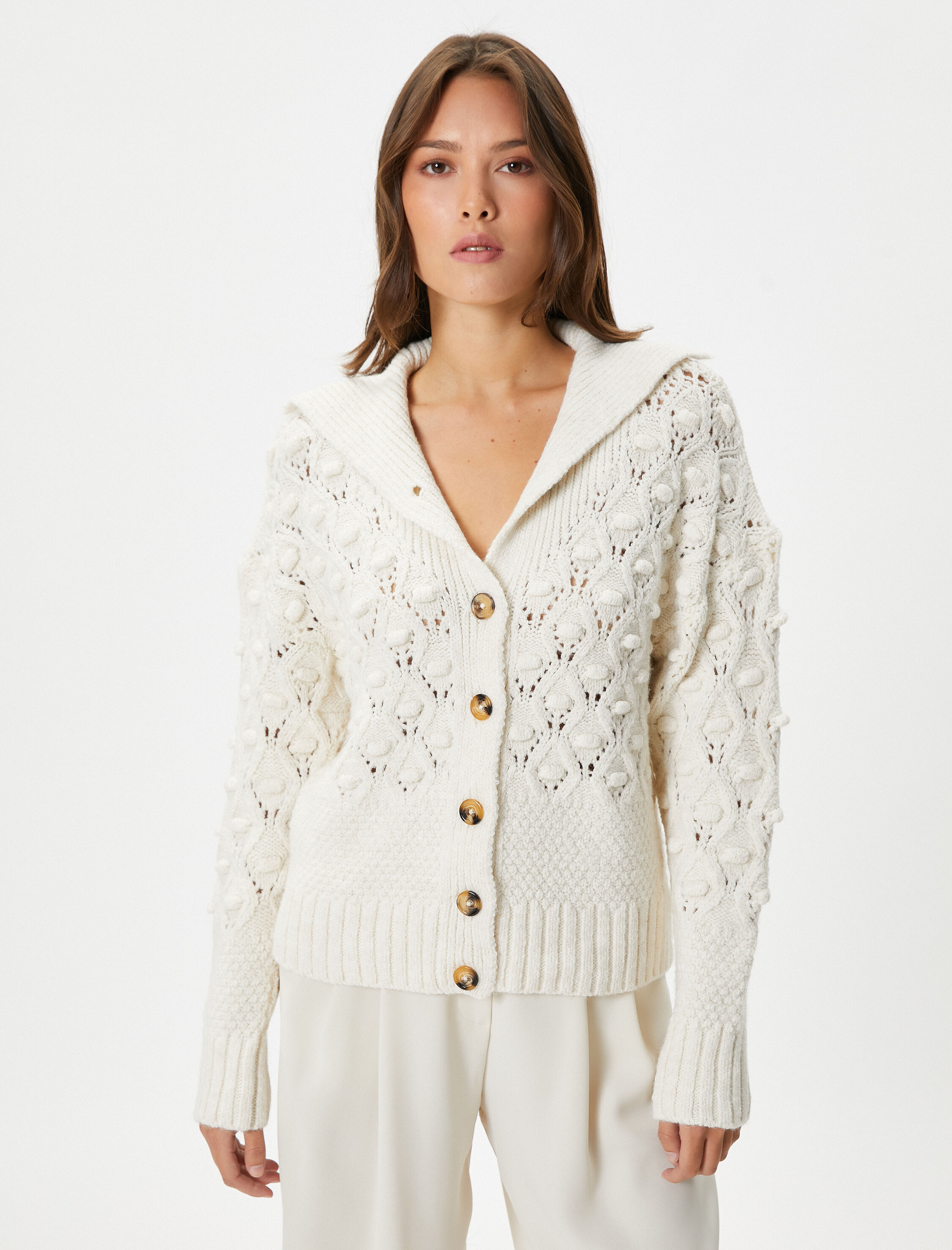   Oversize Örgü Hırka Düğmeli Dokulu Geniş V Yaka