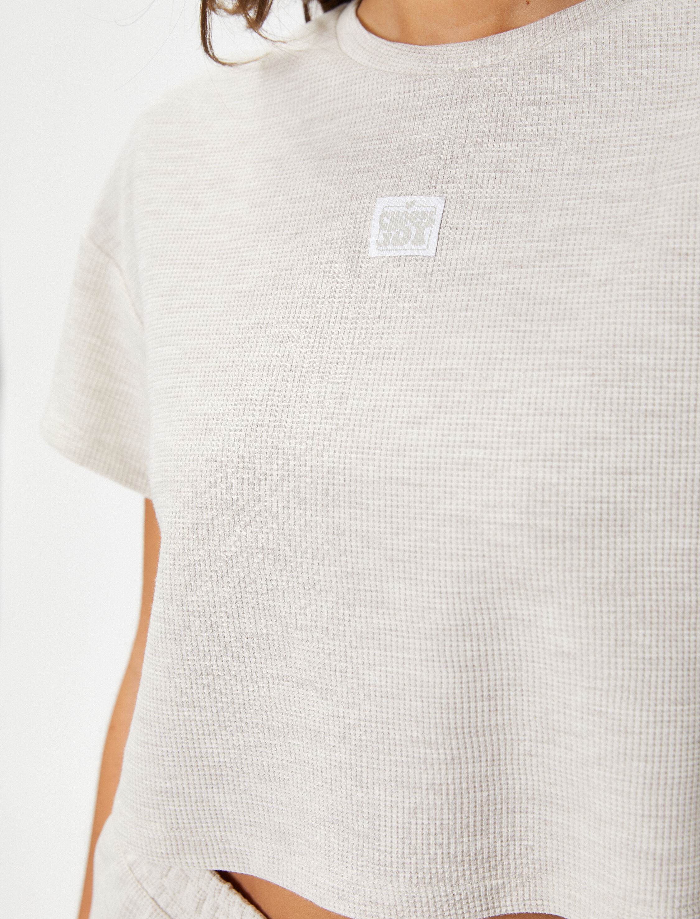   Crop Pijama Üst Dokulu Kısa Kollu Bisiklet Yaka