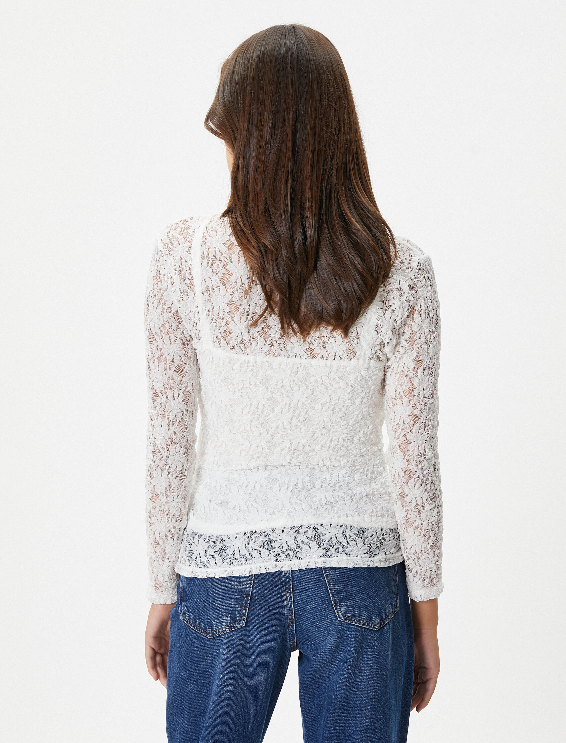   Dantelli Gömlek Düğmeli Uzun Kollu Slim Fit