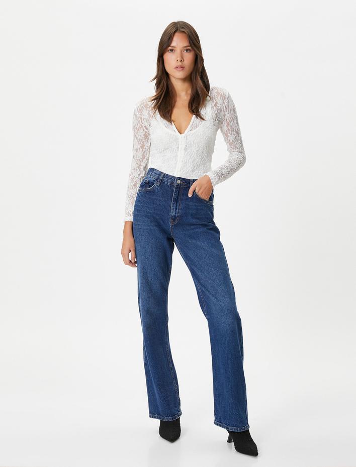  Dantelli Gömlek Düğmeli Uzun Kollu Slim Fit