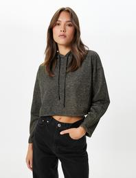 Kapüşonlu Crop Sweatshirt Simli Uzun Kollu