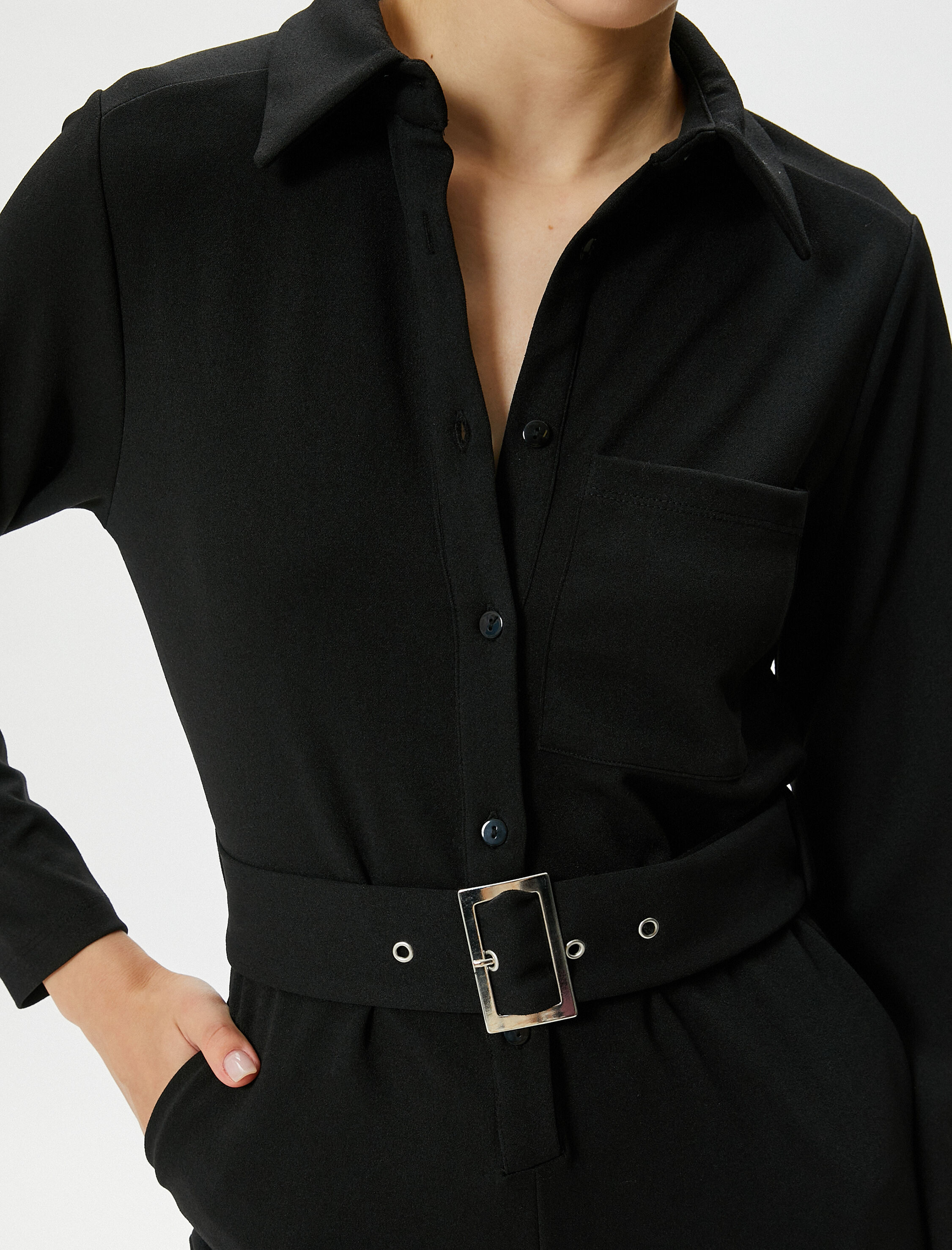   Tulum Uzun Kollu Kemer Detaylı Gömlek Yaka Düğmeli Cepli