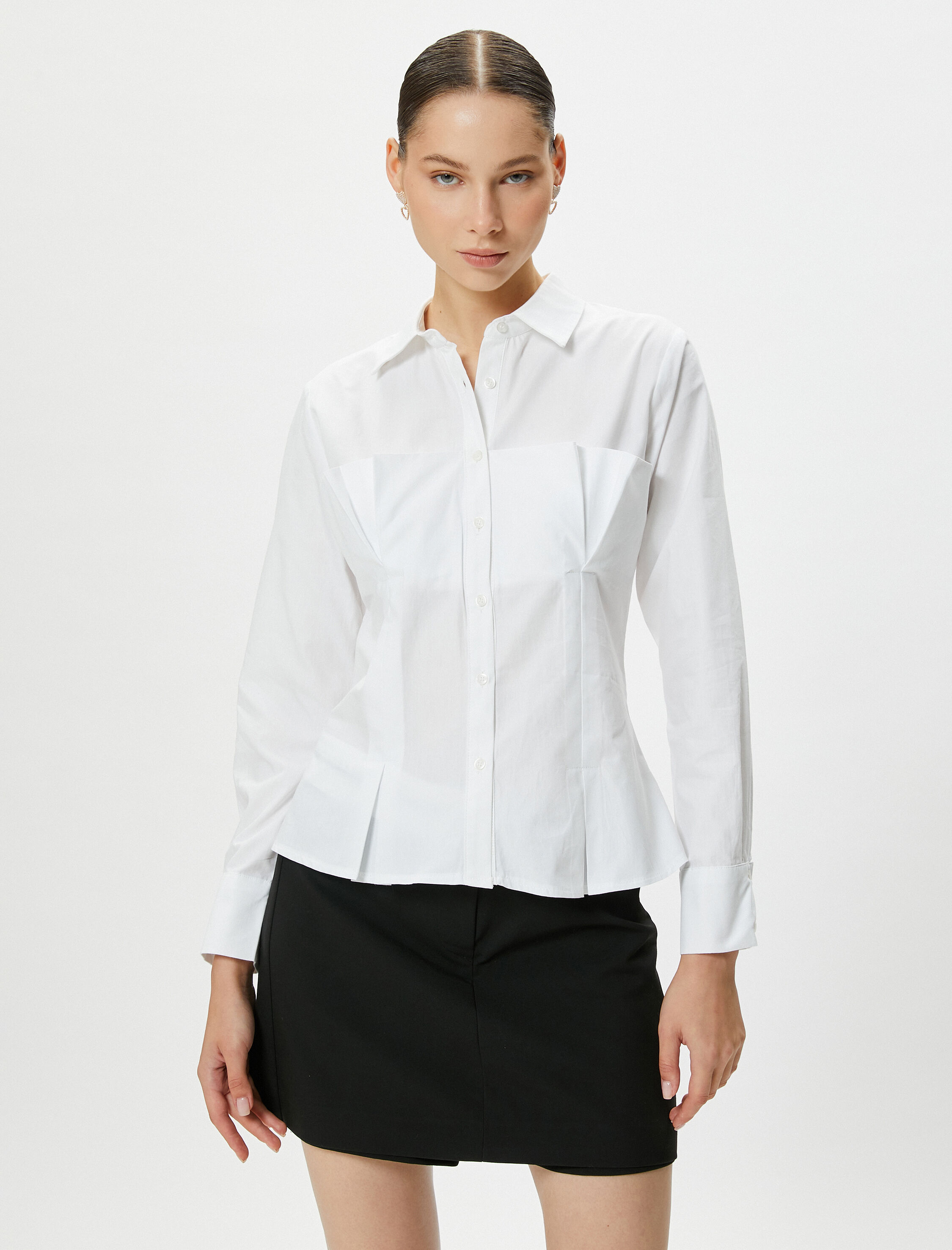   Gömlek Kat ve Pile Detaylı Uzun Kollu Klasik Yaka Pamuklu