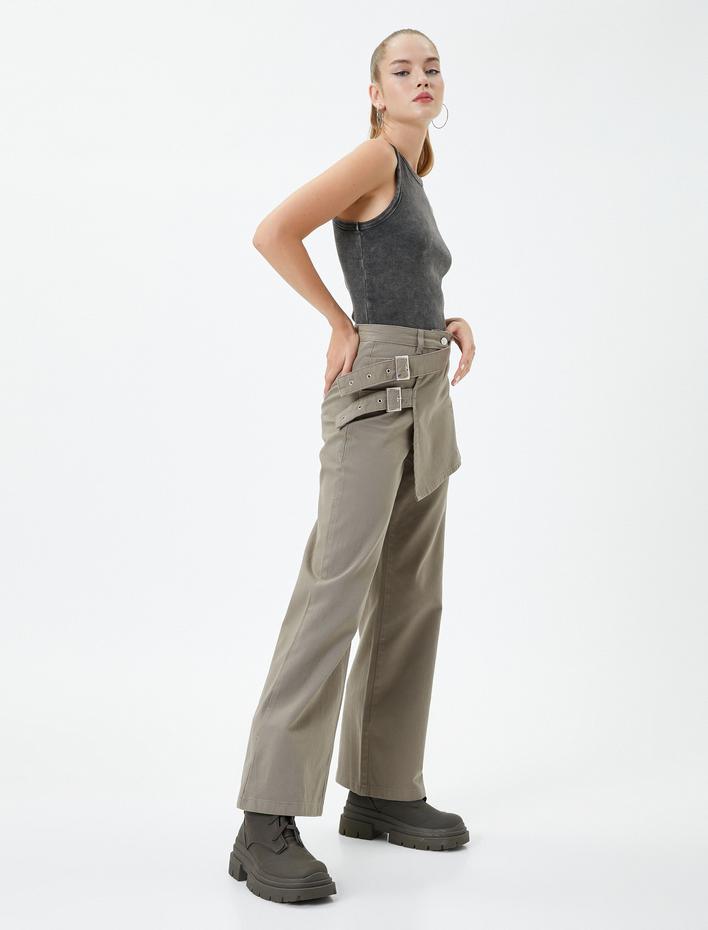  Önü Kruvaze Pantolon Bol Geniş Düz Paça Rahat Kalıp Kemer Detaylı Pamuklu