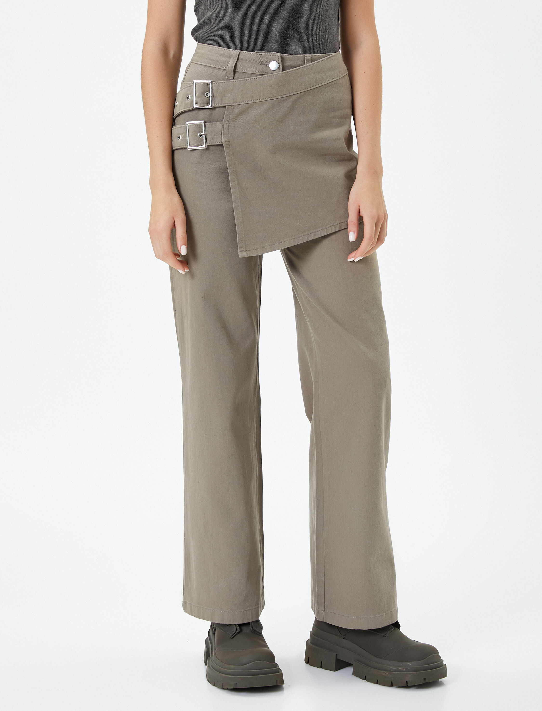   Önü Kruvaze Pantolon Bol Geniş Düz Paça Rahat Kalıp Kemer Detaylı Pamuklu