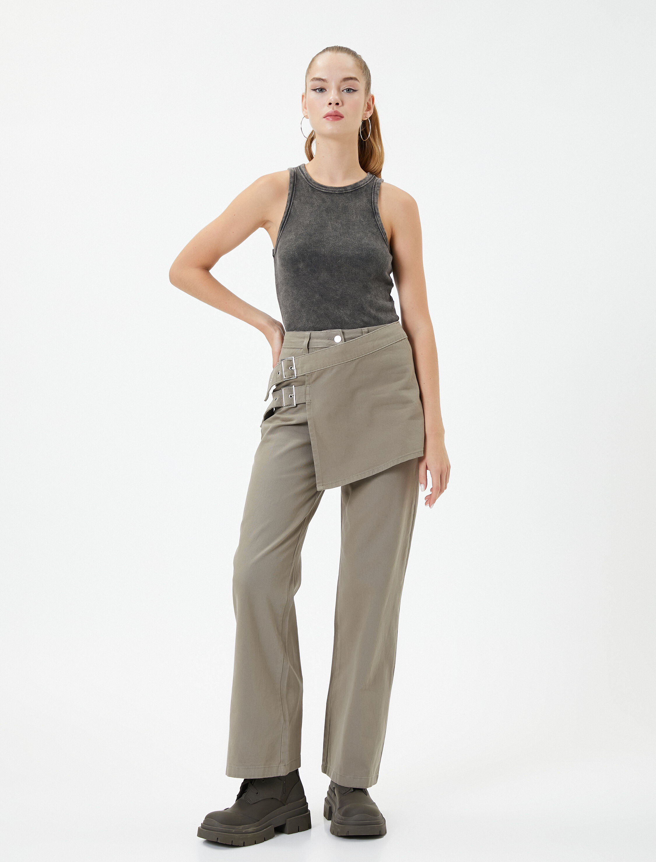   Önü Kruvaze Pantolon Bol Geniş Düz Paça Rahat Kalıp Kemer Detaylı Pamuklu