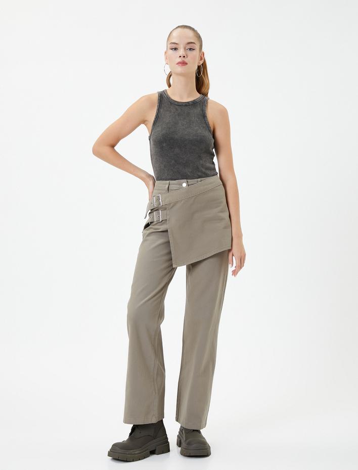  Önü Kruvaze Pantolon Bol Geniş Düz Paça Rahat Kalıp Kemer Detaylı Pamuklu