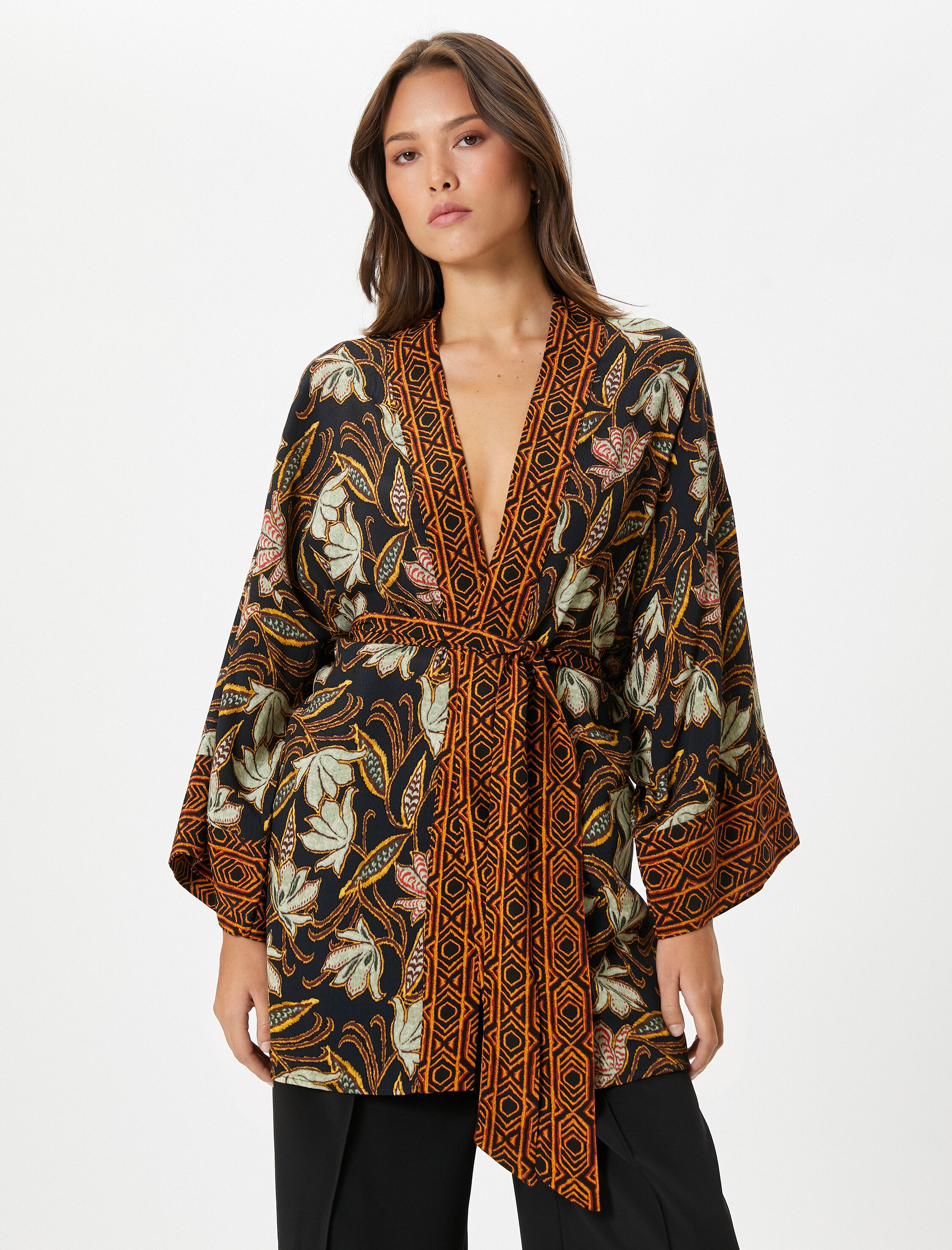   Etnik Desenli Kimono Viskon Geniş Kollu Beli Kuşaklı